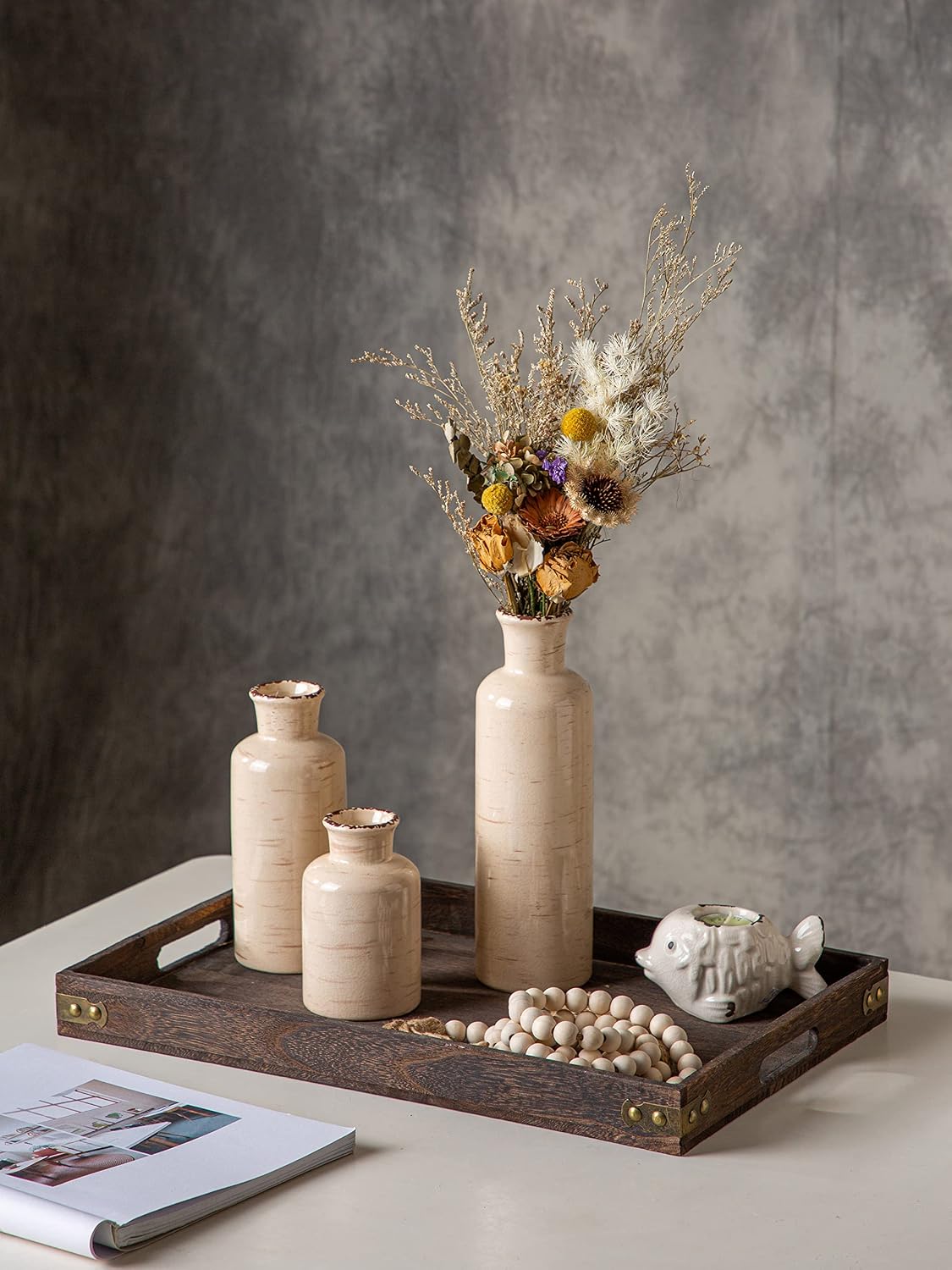 CwlwGO- Ceramic Rustic vase 3 Piece Set,Small vase for Country Home Decoration,Modern Farmhouse,Living Room Decoration, Table Decoration, Bookcase, Fireplace and Entrance Decoration。(White)