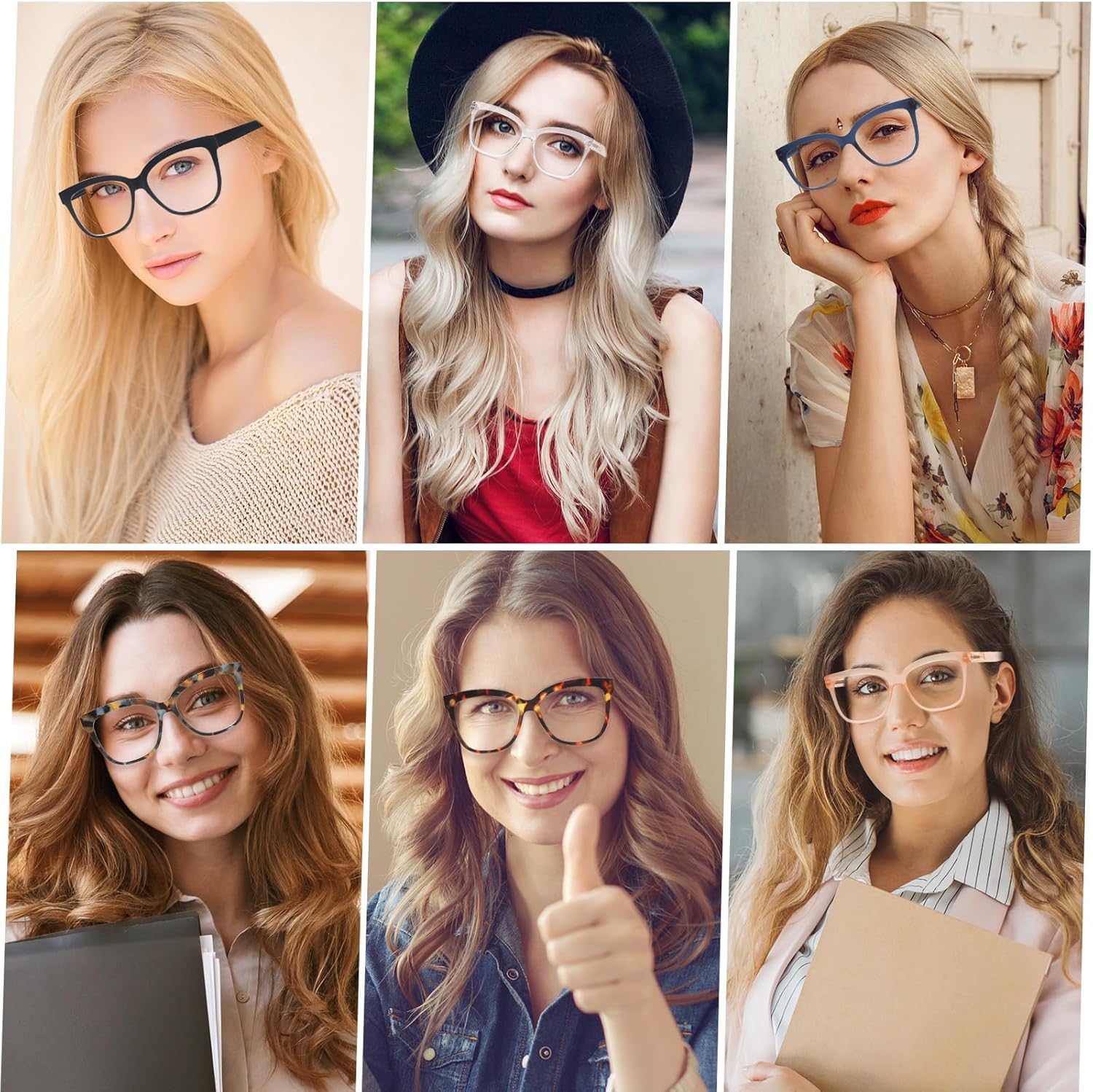 6 Pack Fashion Reading Glasses for Women - Blue Light Blocking Square Readers Anti Eyestrain Eyeglasses Spring Hinge