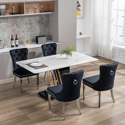 Miniatura 68 de Juego de 2 sillas de comedor, sillas de terciopelo copetudas con patas de acero inoxidable doradas, anillo de metal con ribete de remache, respaldo