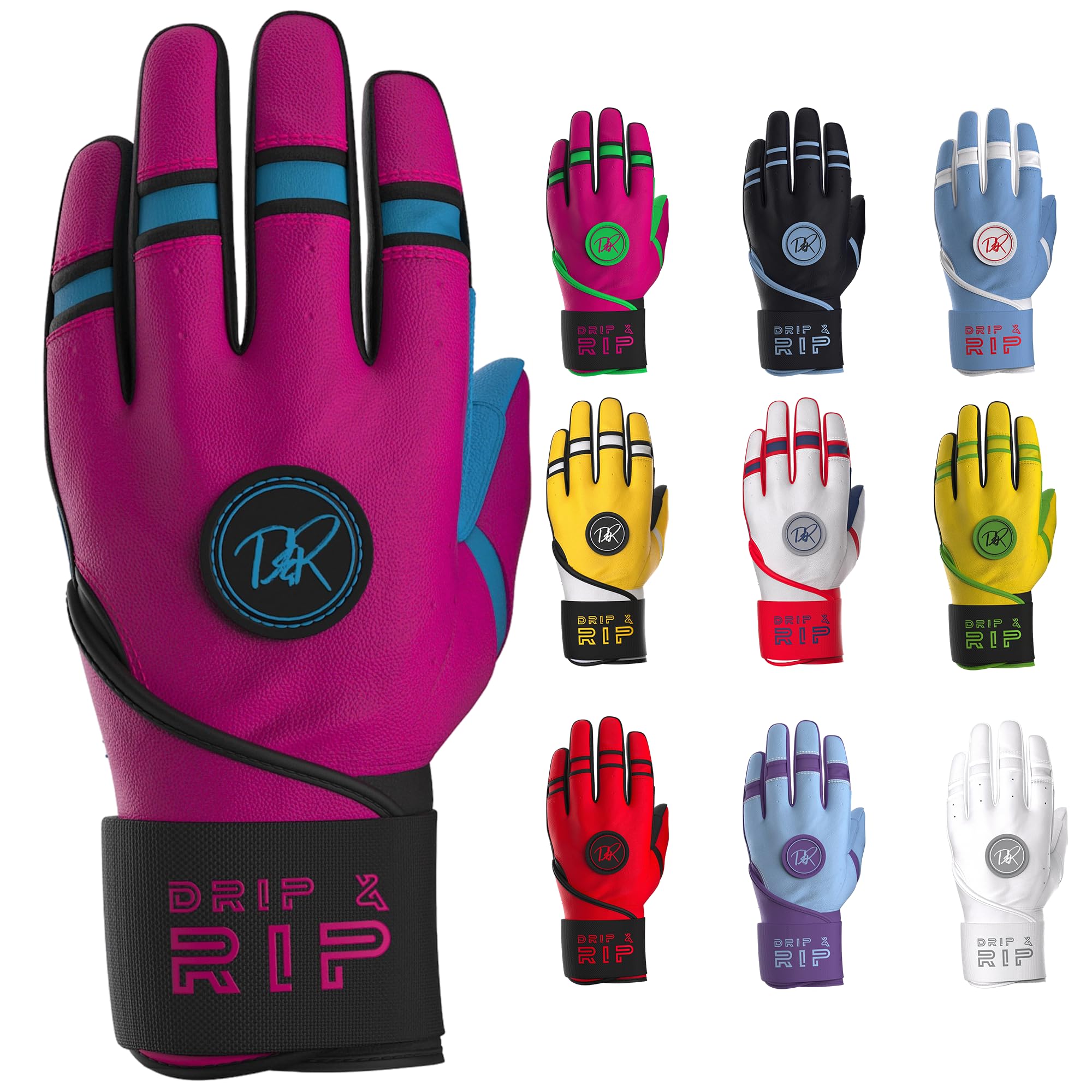 Drip & Rip Baller Series - Youth Batting Gloves + Adult Batting Gloves - for Softball and Baseball - Long Cuff Leather Style for Adult and Youth