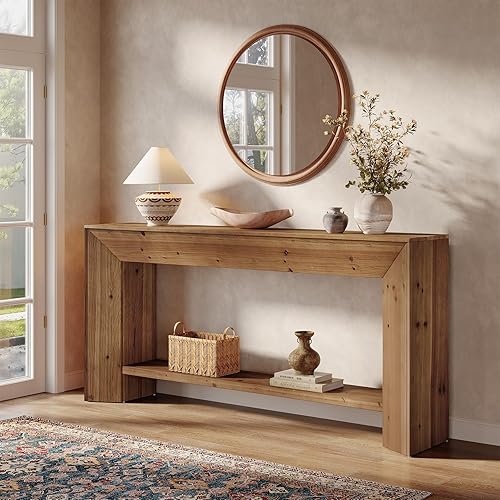 Miniatura 2 de Mesa consola de madera maciza, mesa de entrada de 63 pulgadas con almacenamiento, mesa de sofá de madera larga de 2 niveles detrás del sofá para