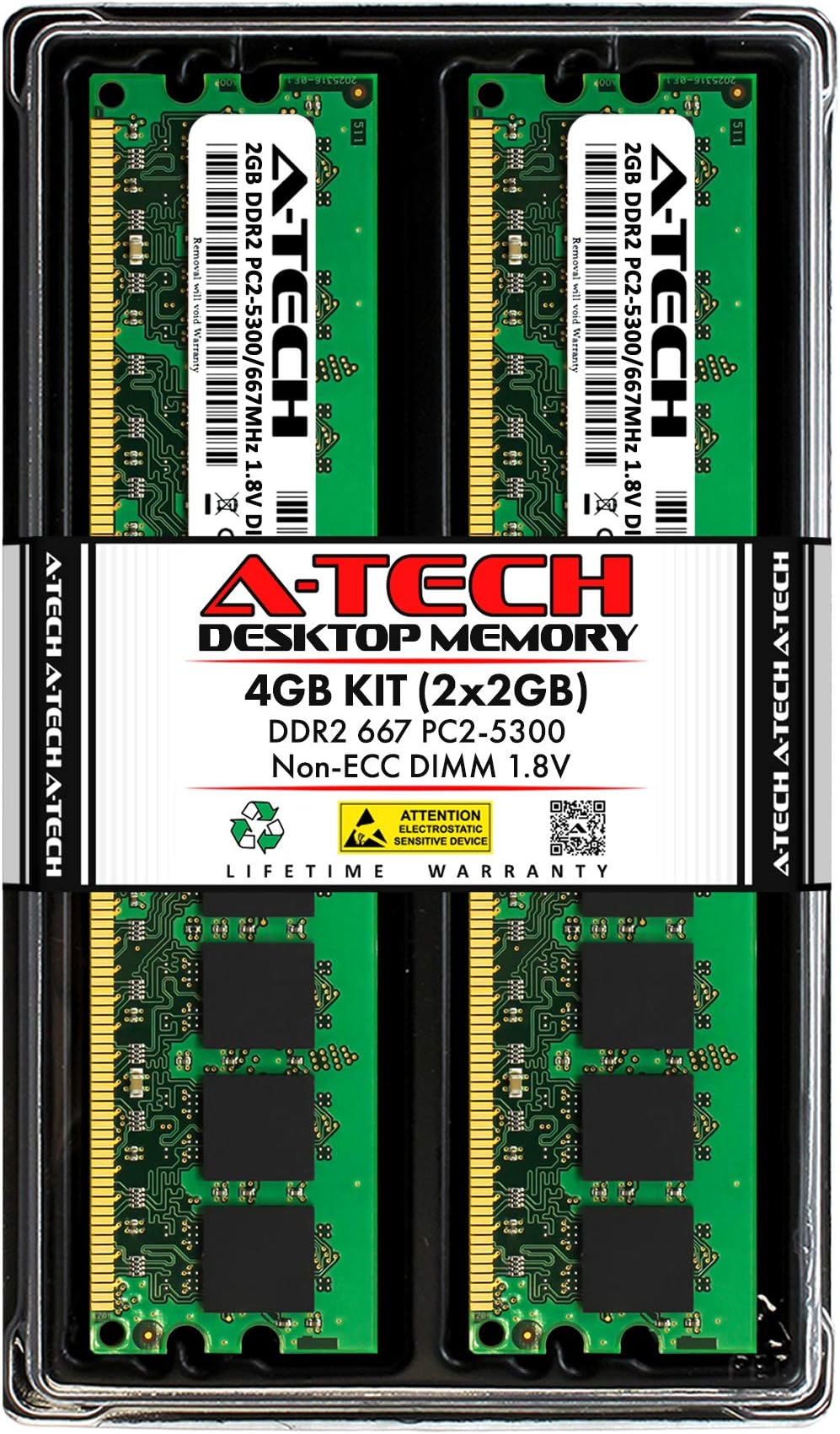 A-Tech 4GB (2x2GB) DDR2 667MHz DIMM PC2-5300 1.8V CL5 240-Pin Non-ECC UDIMM Desktop RAM Memory Upgrade Kit