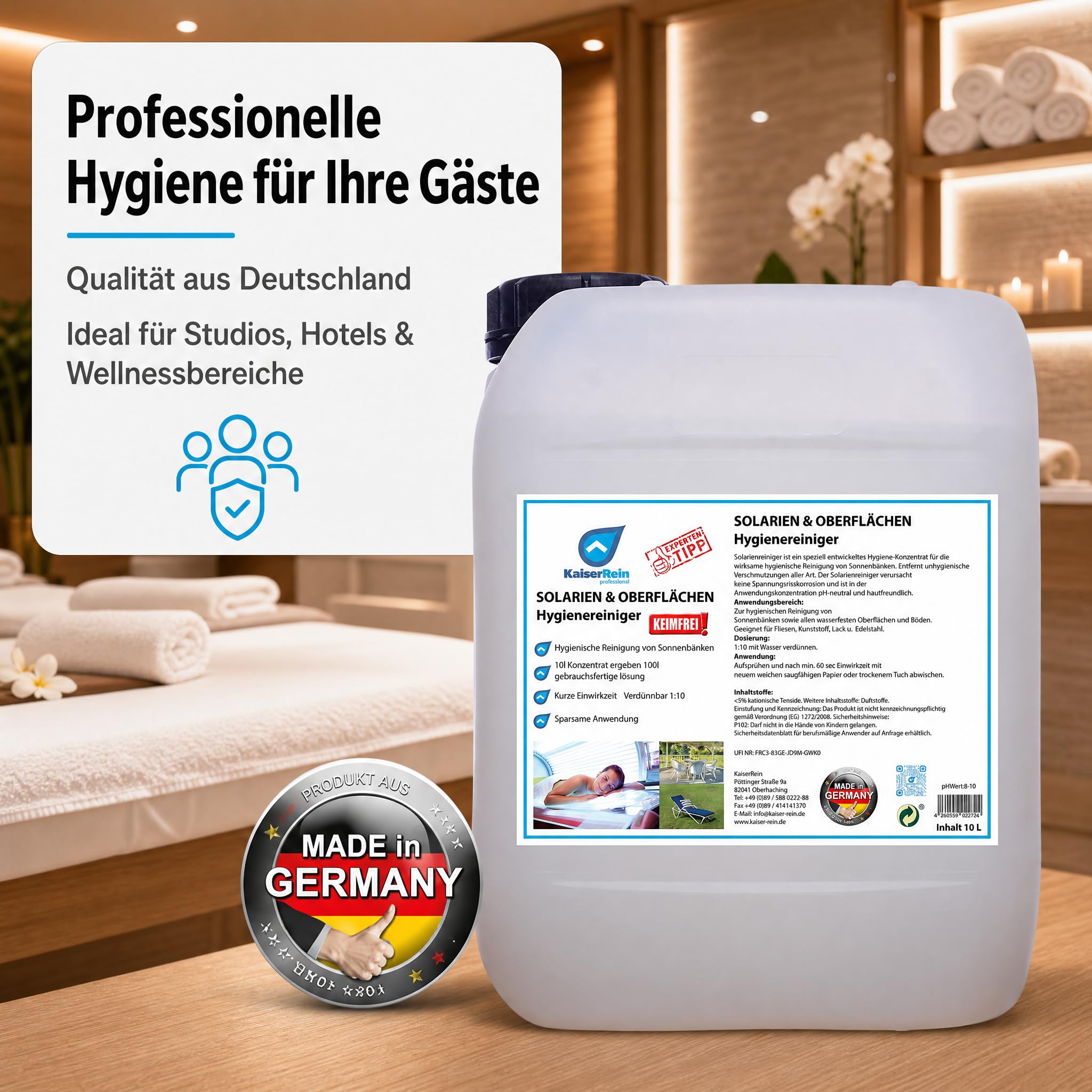 KaiserRein Oberflächenreiniger für Solarium & Sonnenbank, Hygienereiniger Konzentrat 10 L Kanister, pH-neutral & hautfreundlich, schonend zu Kunststoff, für Fliesen, Lack & Edelstahl, frischer Duft