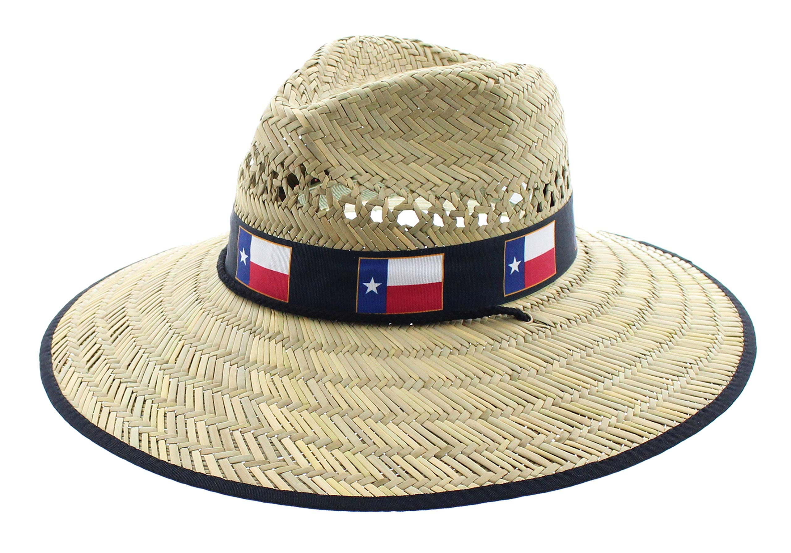 JFH Group Texan Pride Wide Brim Beach Sun Straw Hat w/Chin Cord (S-06 TX Flag Black)