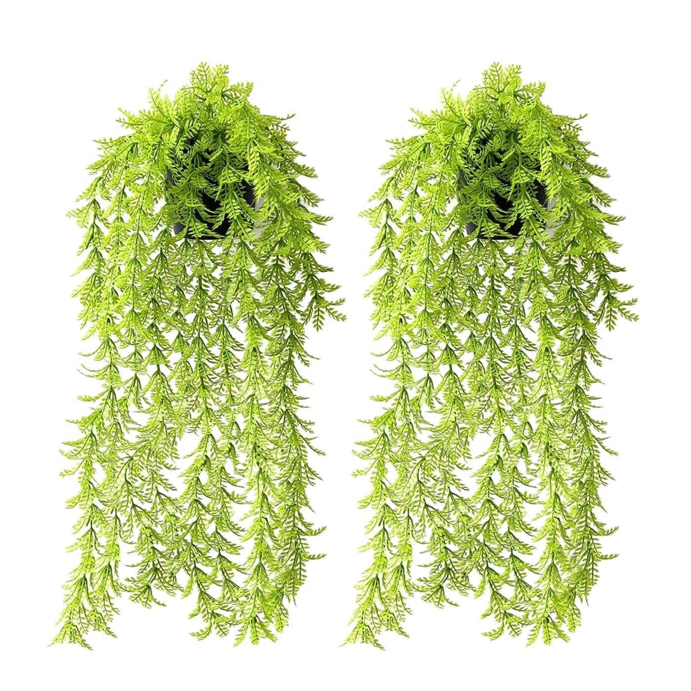 TIED RIBBONS 2 Pc Artificial Hanging Plants with Pots | 27 Inch | Plastic Fake Ferns Ivy Artificial Trailing Plants, Fake Vine Hanging Basket Faux Plant with Willow Leaves for Garden, Valentines Decor