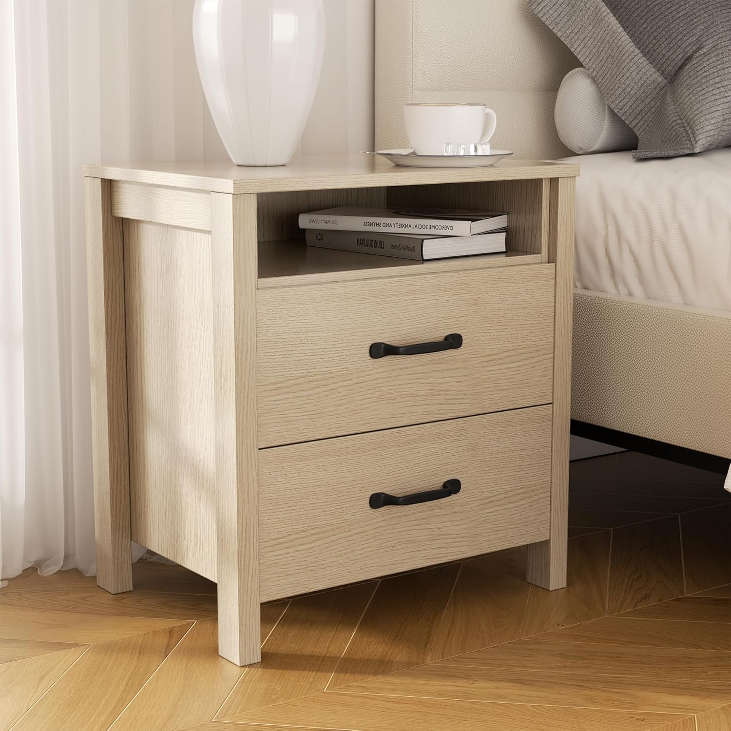 Modern Nightstands,Bedside Table with 2 Drawers,Engineered Wood End Table with Metal Handle,Mid Century NightStandS for Bedroom,Small Spaces,Apartment