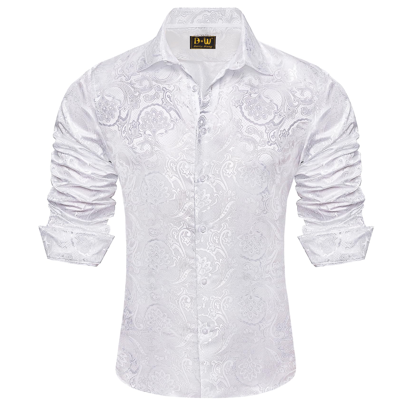 Barry.Wang Mens Dress Shirts Silk Luxury Paisley Big and Tall Long Sleeve Shirt Business Wedding Party Red Black S-3XL