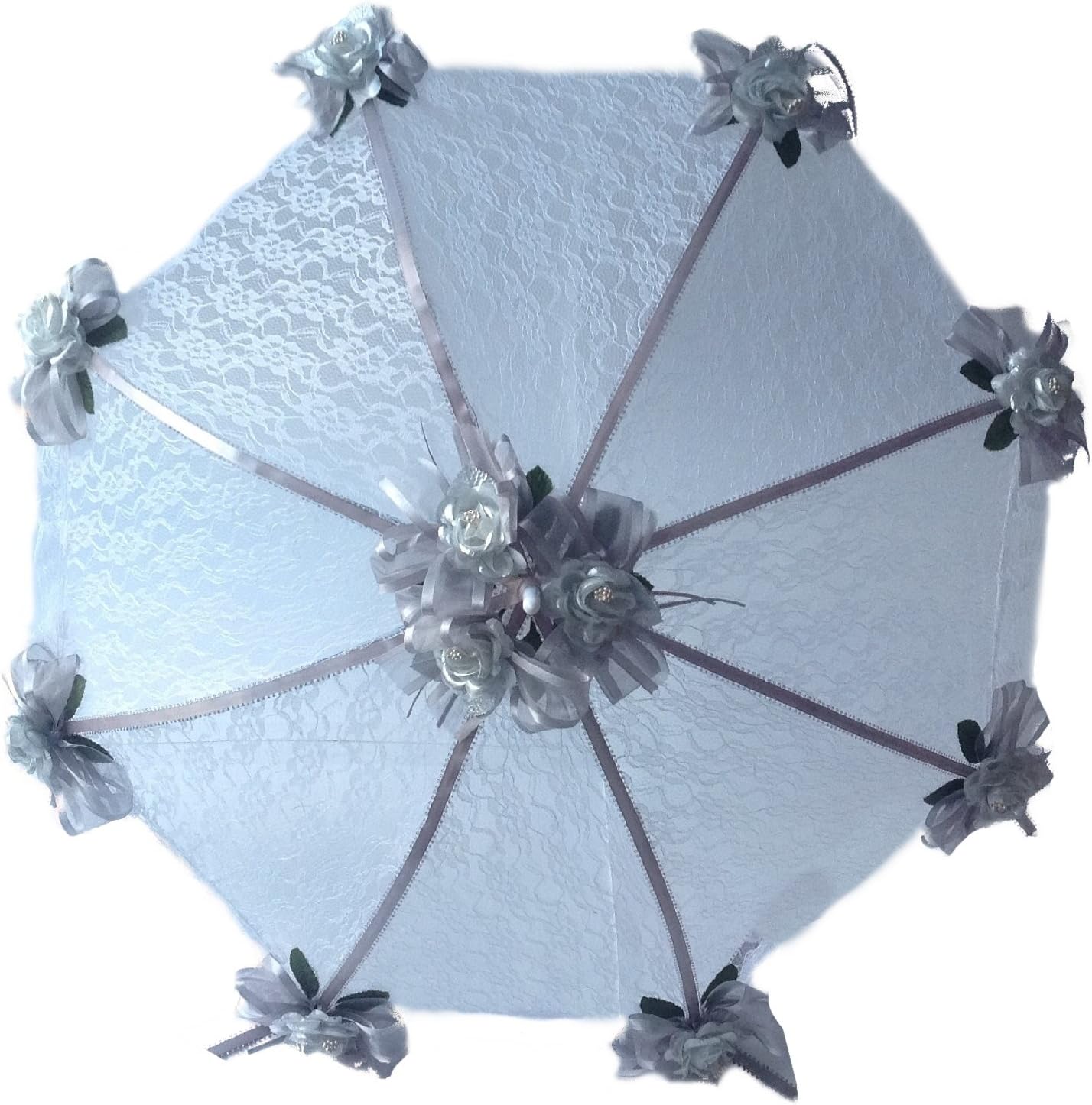 Decorated Bridal Shower Wedding White Lace Umbrella 32" Silver Color Roses
