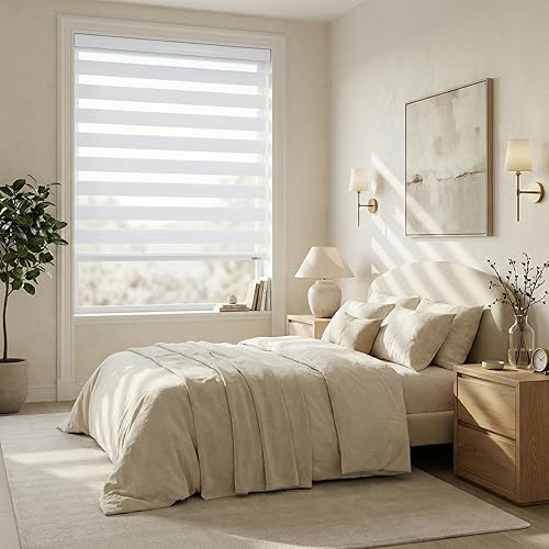 Miniatura 7 de Shadesu Persianas estilo cebra sin cordones para ventanas, 20 pulgadas de ancho x 72 pulgadas de alto, color blanco, de doble capa, control de luz