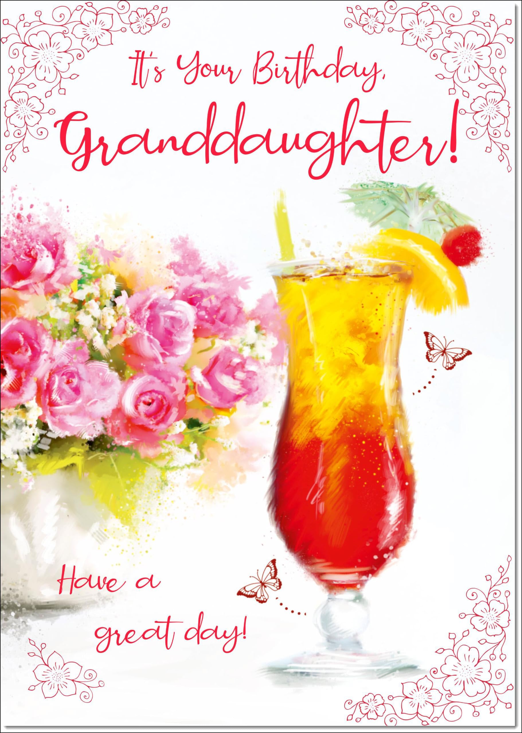 doodlecards Granddaughter Birthday Card Floral Cocktail Large A4 Size with Plain Envelope