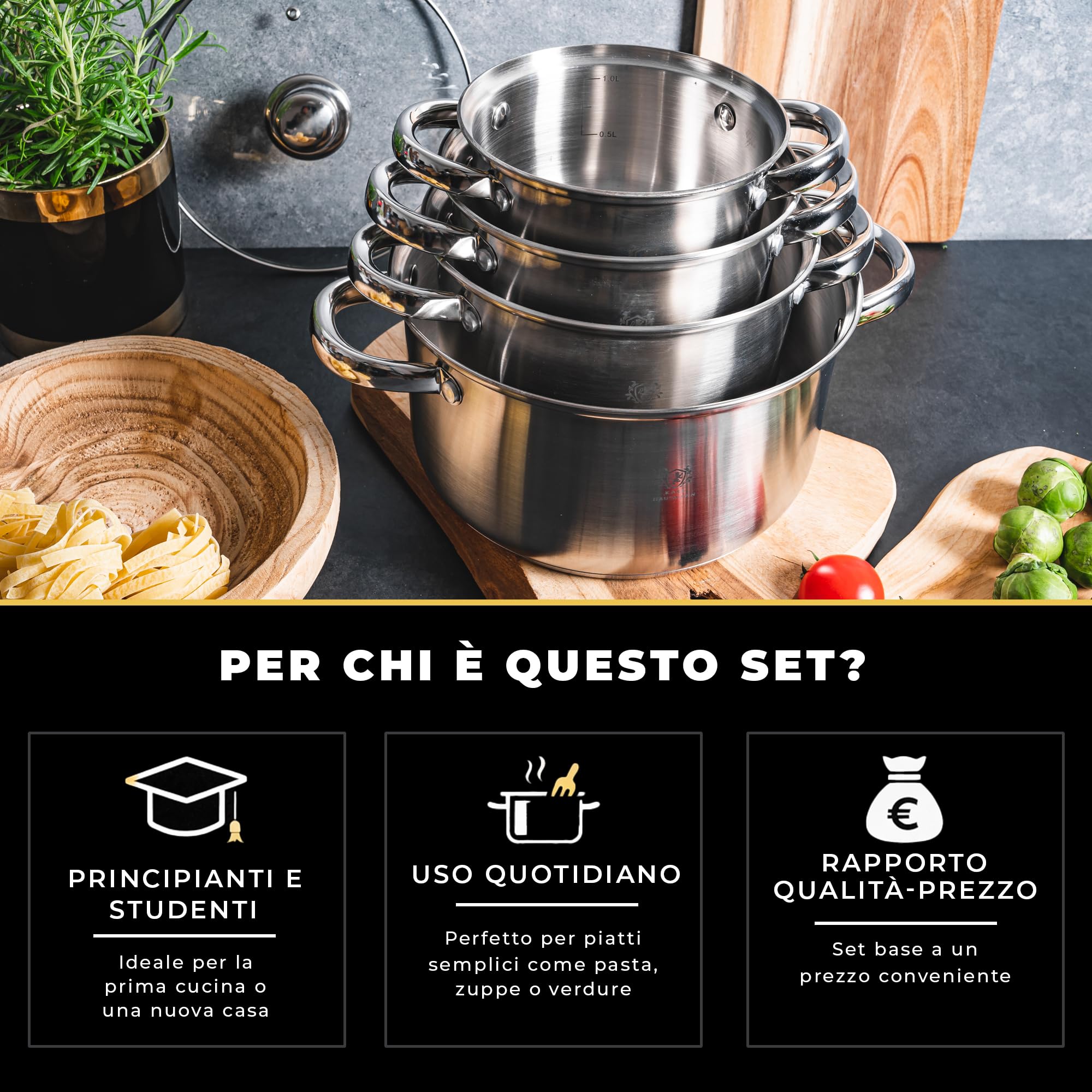 KARL HAUSMANN Set di Pentole Induzione - 4 Pezzi - Batteria di Pentole Acciaio Inox - Scala Interna - Pentola per Induzione, Gas, Elettrica e in Vetroceramica - Riscaldamento e Cottura Uniforme