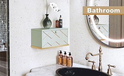 Miniatura 8 de HLR Mesita de noche flotante, pequeña mesita de noche con puerta de solapa, mesita de noche flotante montada en la pared para dormitorios, verde