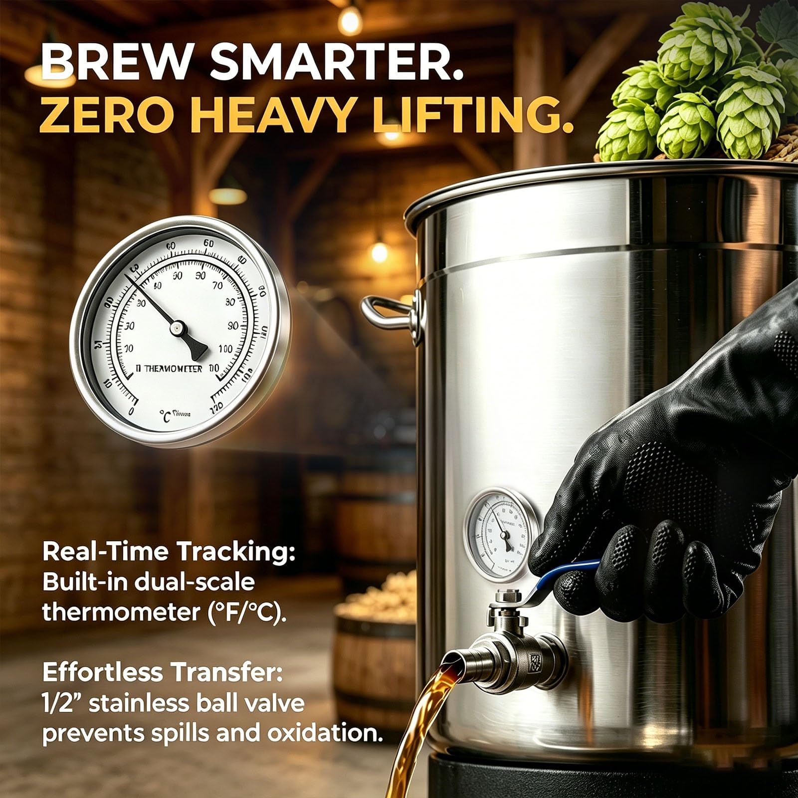 Monitoreo en Tiempo Real Olla para Cerveza Artesanal con Drenaje Integrado, Estructura de 4 Remaches, Fondo de Triple Capa, Acero INOX Profesional(33L/8.7Gal)