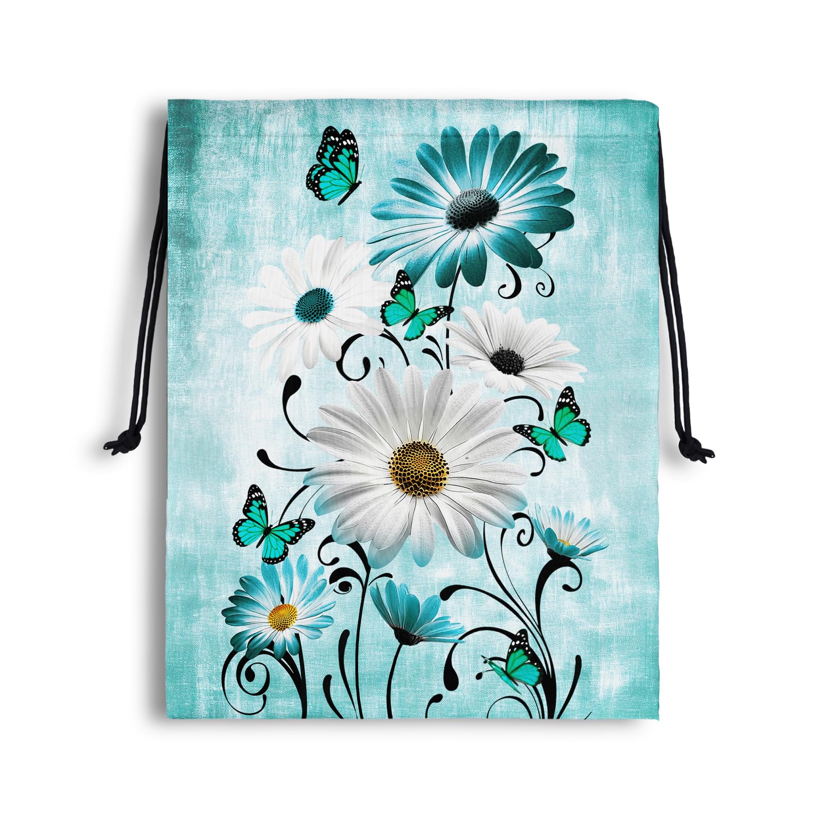 Storage Bag With Drawstring Daisy Flower Butterfly Green Pouch for Outdoor Hiking Sport