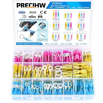 270PCS Marine Grade Heat Shrink Wire Connectors, AWG 22-10 Electrical Eyelet Kit, Waterproof Eyelet Connectors Incl. Ring Fork Spade Butt Splices Hook Crimp Terminals