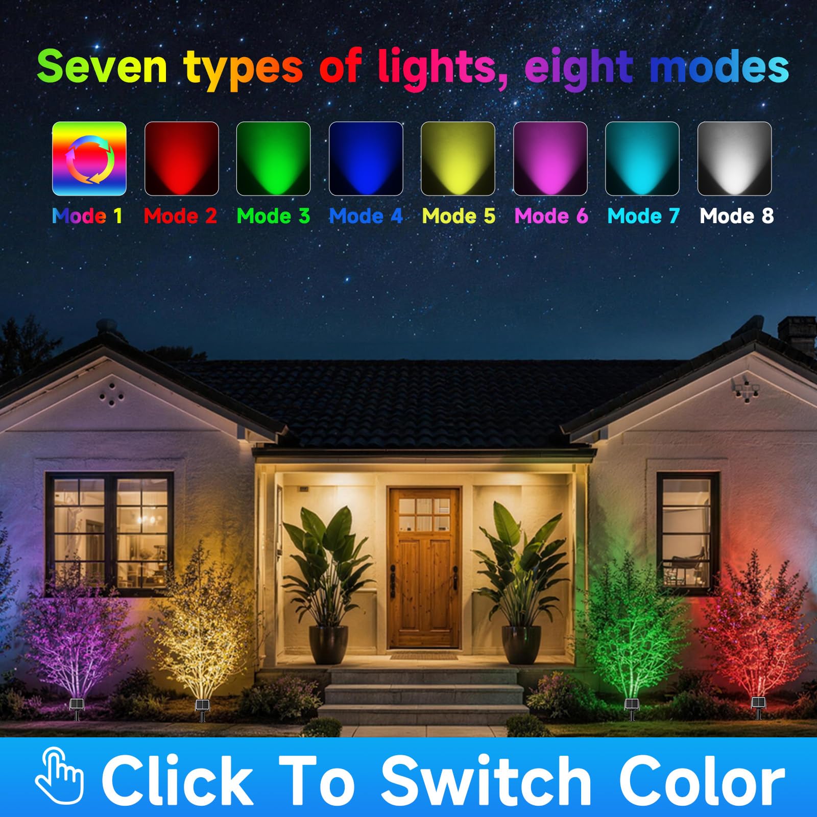 Foco solar RGB: 2 en 1 luces solares para exteriores con 8 modos de iluminación y columna guía de luz de PC para árbol, jardín, patio, camino, luces de paisaje que cambian de color RGB | IP65