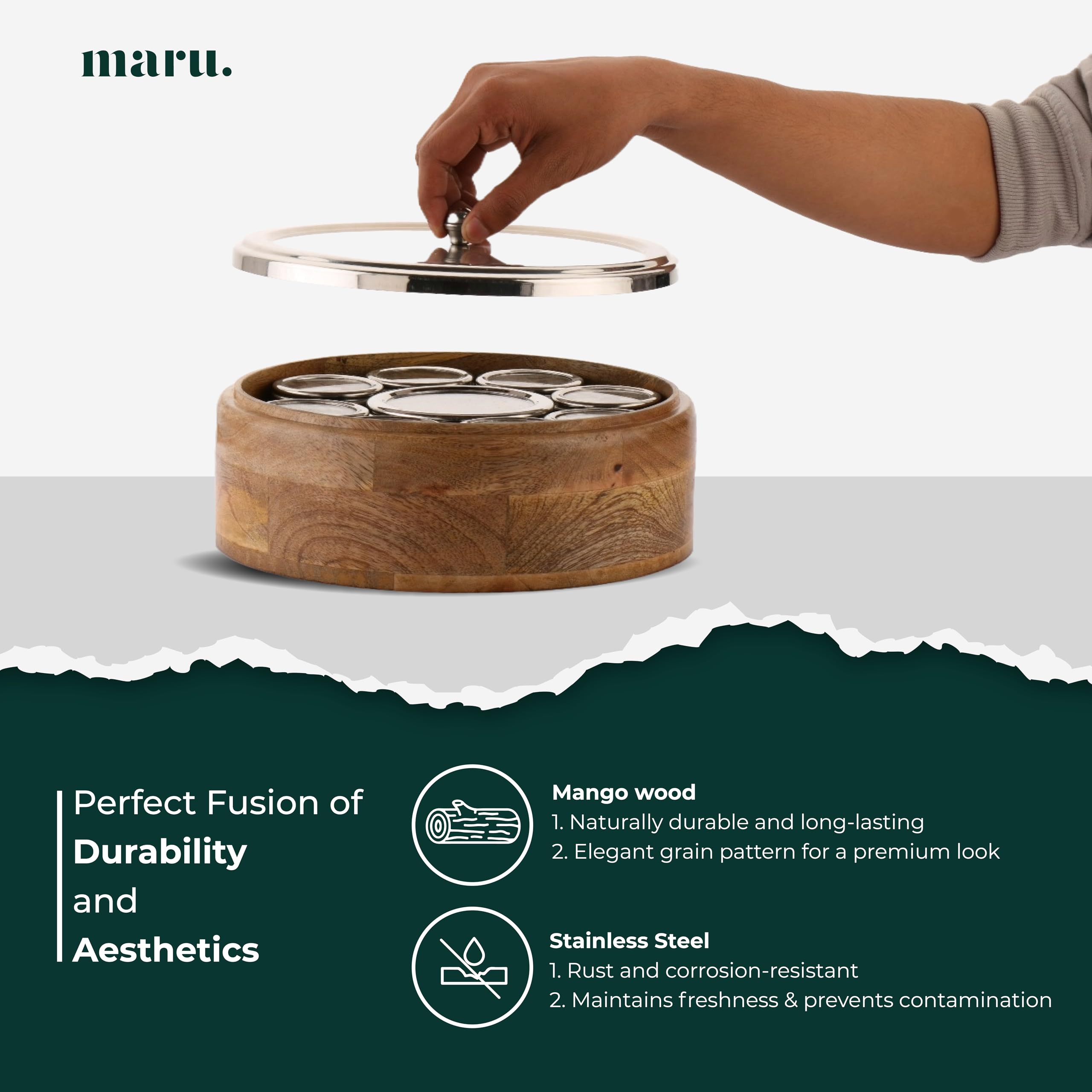 MARU 12-in-1 Gewürzbox aus Holz, Edelstahlbehälter mit durchsichtigem Deckel, 8 kleine und 1 große Behälter mit Mittelteilung, perfekt für die Organisation von Gewürzen, Kräutern, Masalas und Gewürzen