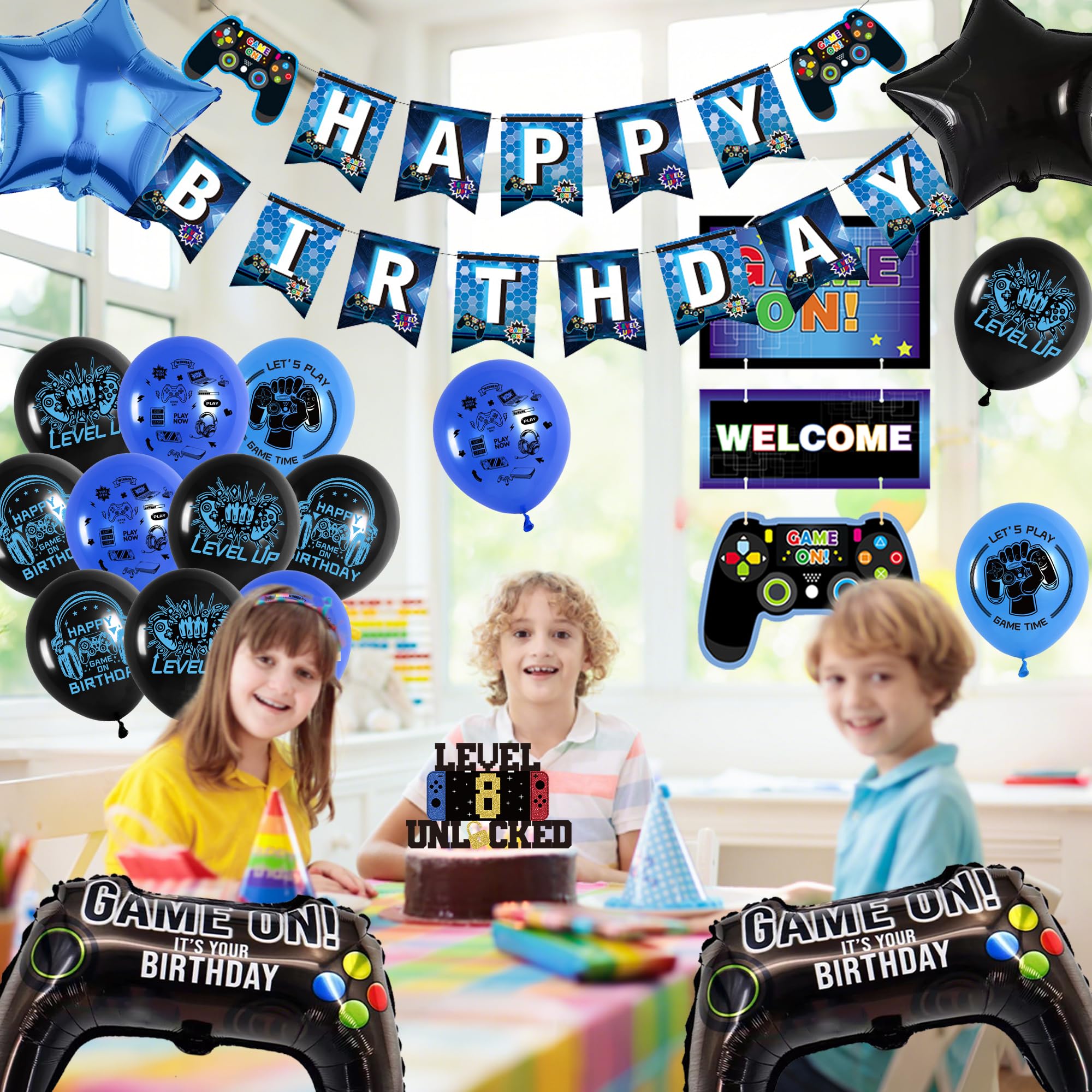 Decorazioni 8° Compleanno Videogiochi: 33 Pezzi Blu E Nero, Palloncini E Striscione Per Festa Gamer