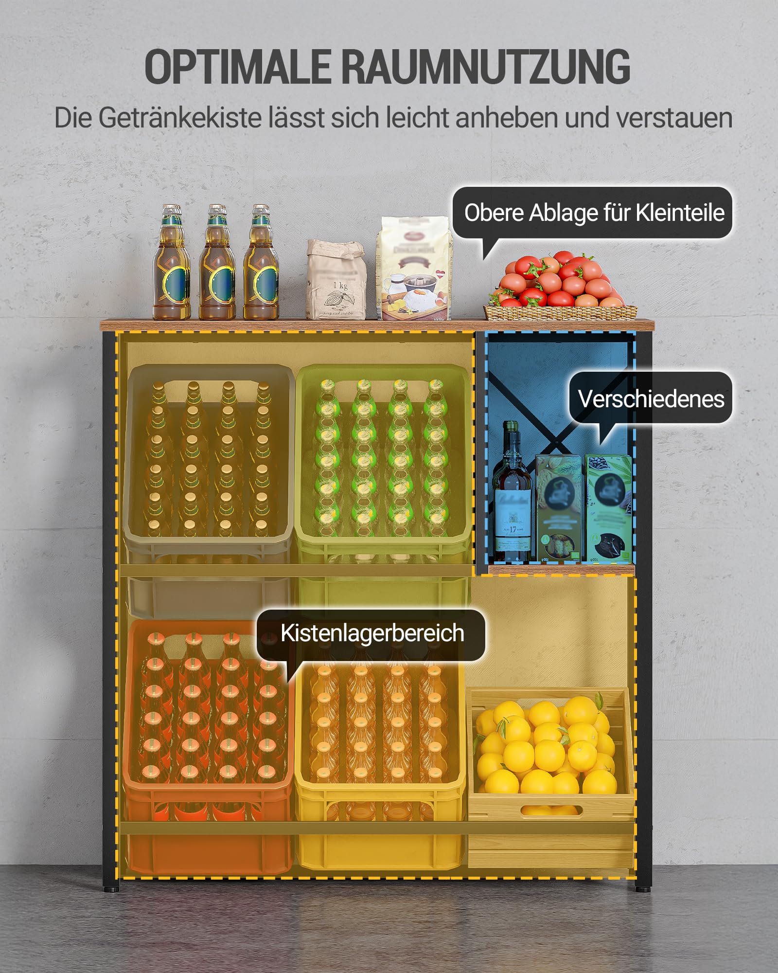 Hzuaneri Getränkekistenregal mit Ablage, Freistehend Kistenständer für 6 Kisten, Regal, Getränkekisten, Getränkeregal, Wasserkistenregal, Bierkistenregal, 40 x 110 x 111,5 cm Braun-Schwarz DS32001B