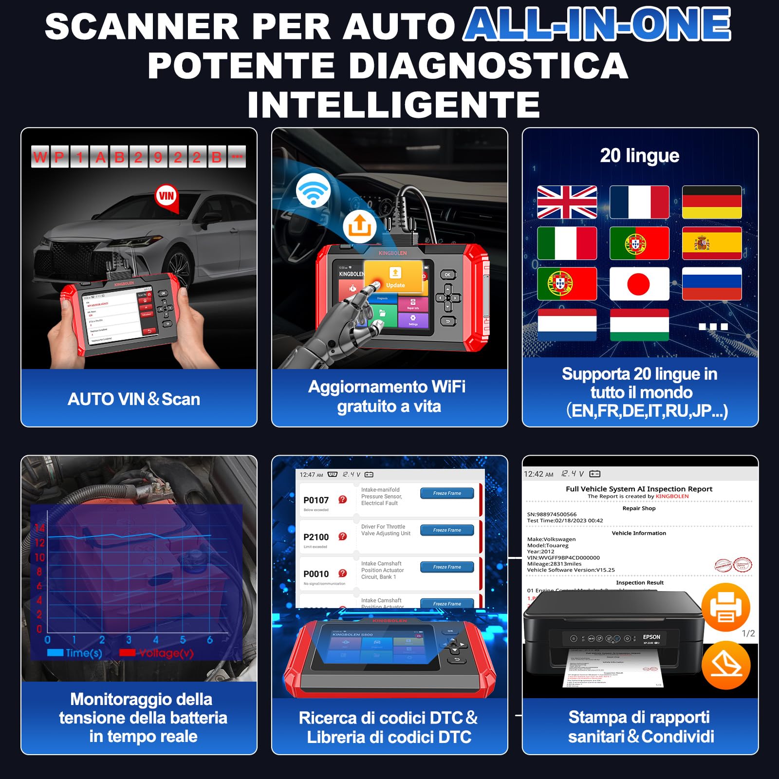 KINGBOLEN Diagnostica Auto Italiano,S800 OBDII Diagnosi Automatica 4 Sistema di diagnosi (ABS + SRS + ECM + TCM) e 15 Servizio di Manutenzione (Olio+Dpf Iniettore Codifica+BMS) Aggiornamento WiFi