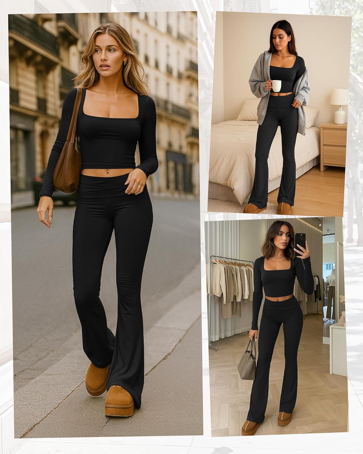 Women's 2 Piece Workout Sets Square Neck Long Sleeve Crop Tops Fold over Flare Leggings Casual Gym Pilates Yoga Set - Image 6