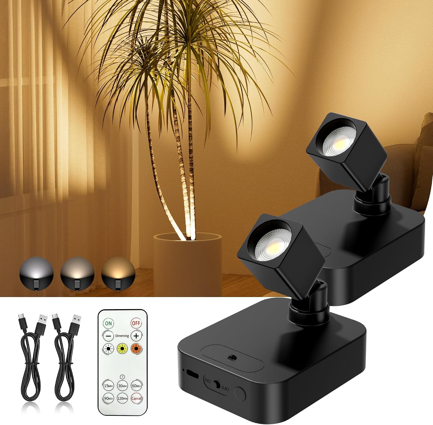 Rechargeable Mini Spotlights Indoor with Remote, 2 Pack | 4000mAh Battery, Wireless Uplighting, 3 Colors & Dimmable, LED Picture Light for Painting, Artwork Accent Lighting