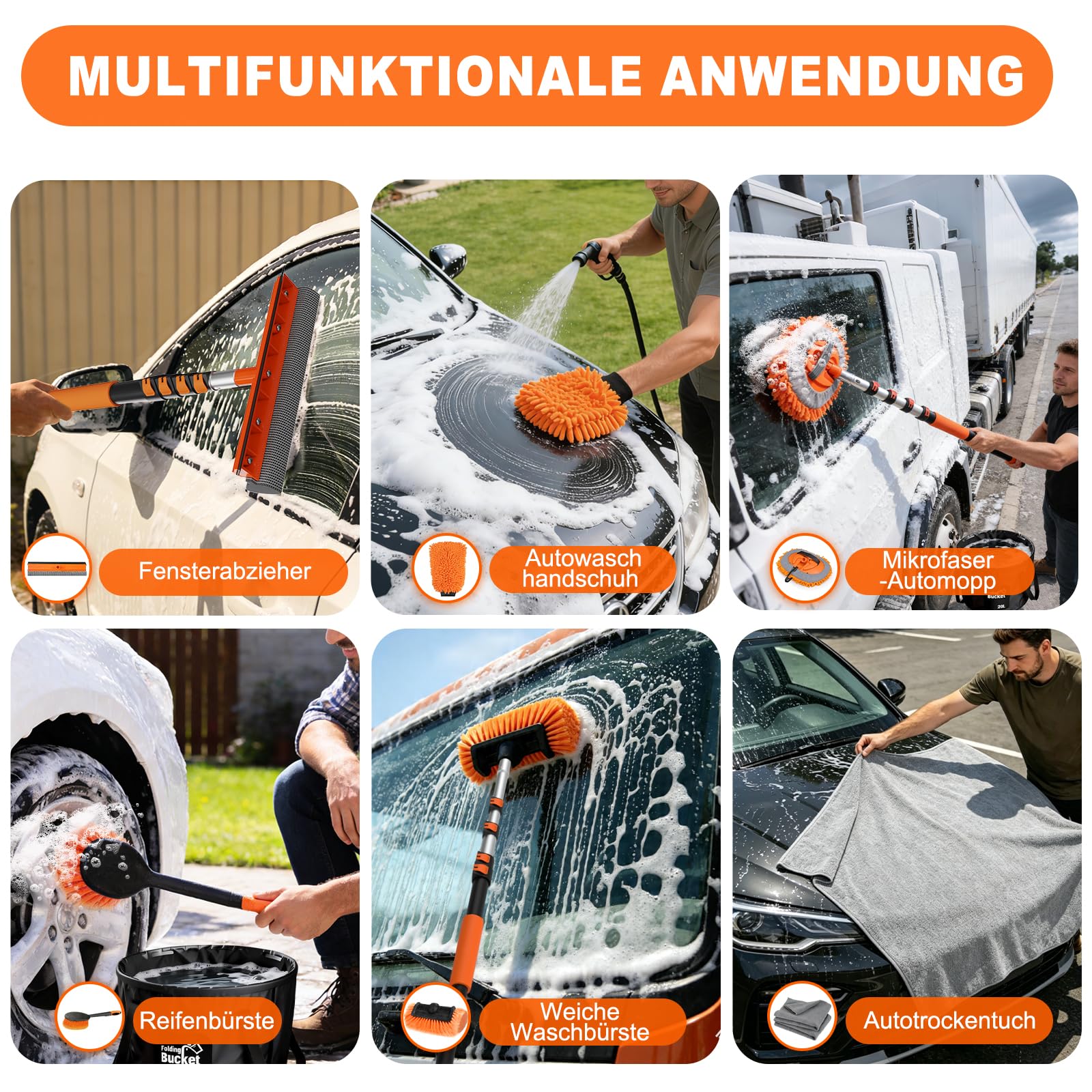 SISUPASSIE 4,8m Autowaschbürste mit Teleskopstiel, Waschbürste mit weichen Borsten, Fensterabzieher, Mikrofaser-Mopp, Felgenbürste, Waschhandschuh für LKW, Wohnmobil, Boot