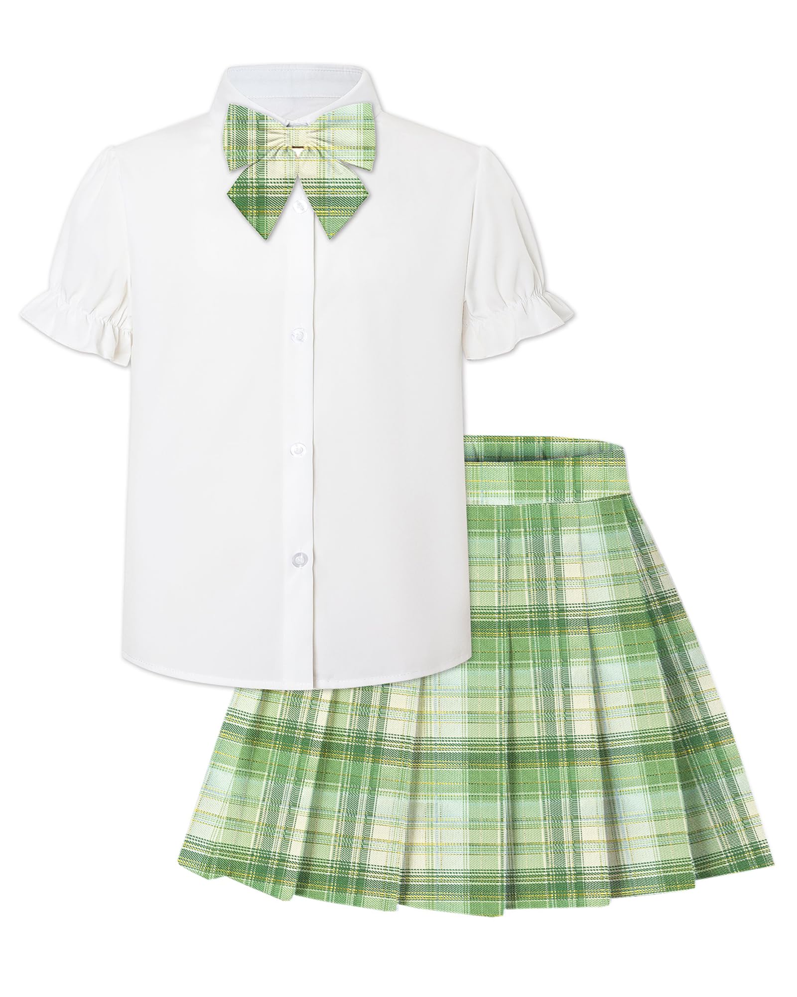 Betusline Girls Skirt Set JK School Uniform 2-Piece Outfit - Short Sleeve Shirt with Bow &amp; Pleated Skirt 4T-14Y