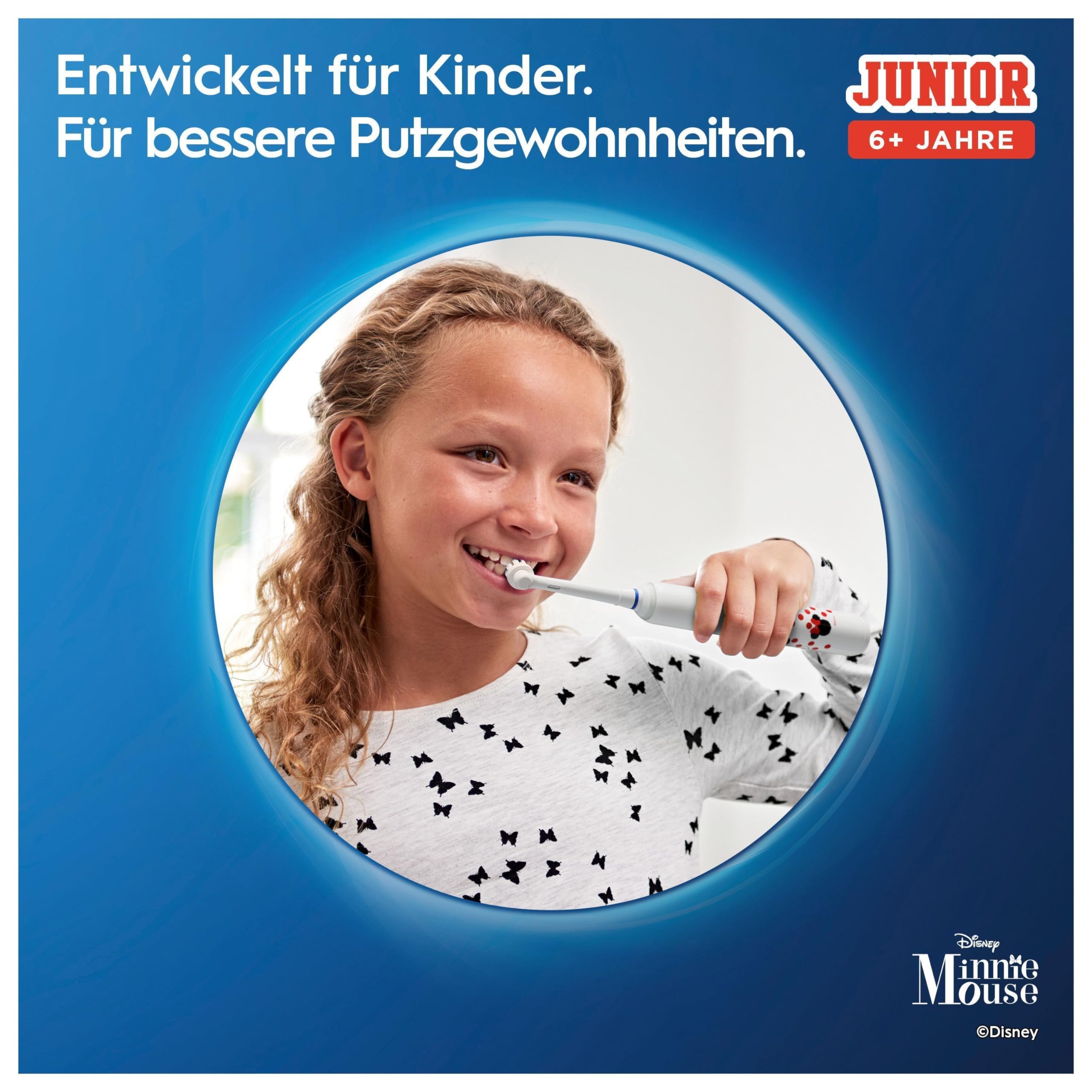 Oral-B Junior Minnie Mouse Elektrische Zahnbürste/Electric Toothbrush, Kinder ab 6 Jahren, 2 Aufsteckbürsten, 360°-Andruckkontrolle, 2 Putzmodi inkl. Sensitiv Zahnpflege, weiche Borsten, Timer, weiß