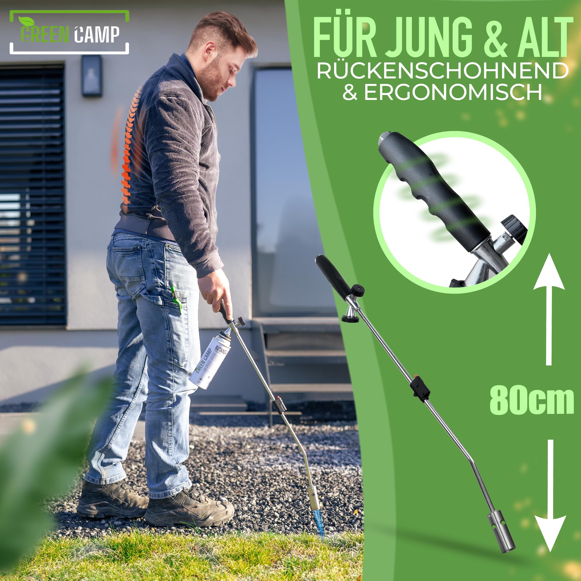 GREENCAMP® Unkrautbrenner [1100°] mit Piezozündung – Abflammgerät zur effektiven Unkrautbekämpfung – ergonomischer Unkrautvernichter mit regulierbarer Flamme – inkl. 12 Gaskartuschen (12 Kartuschen)