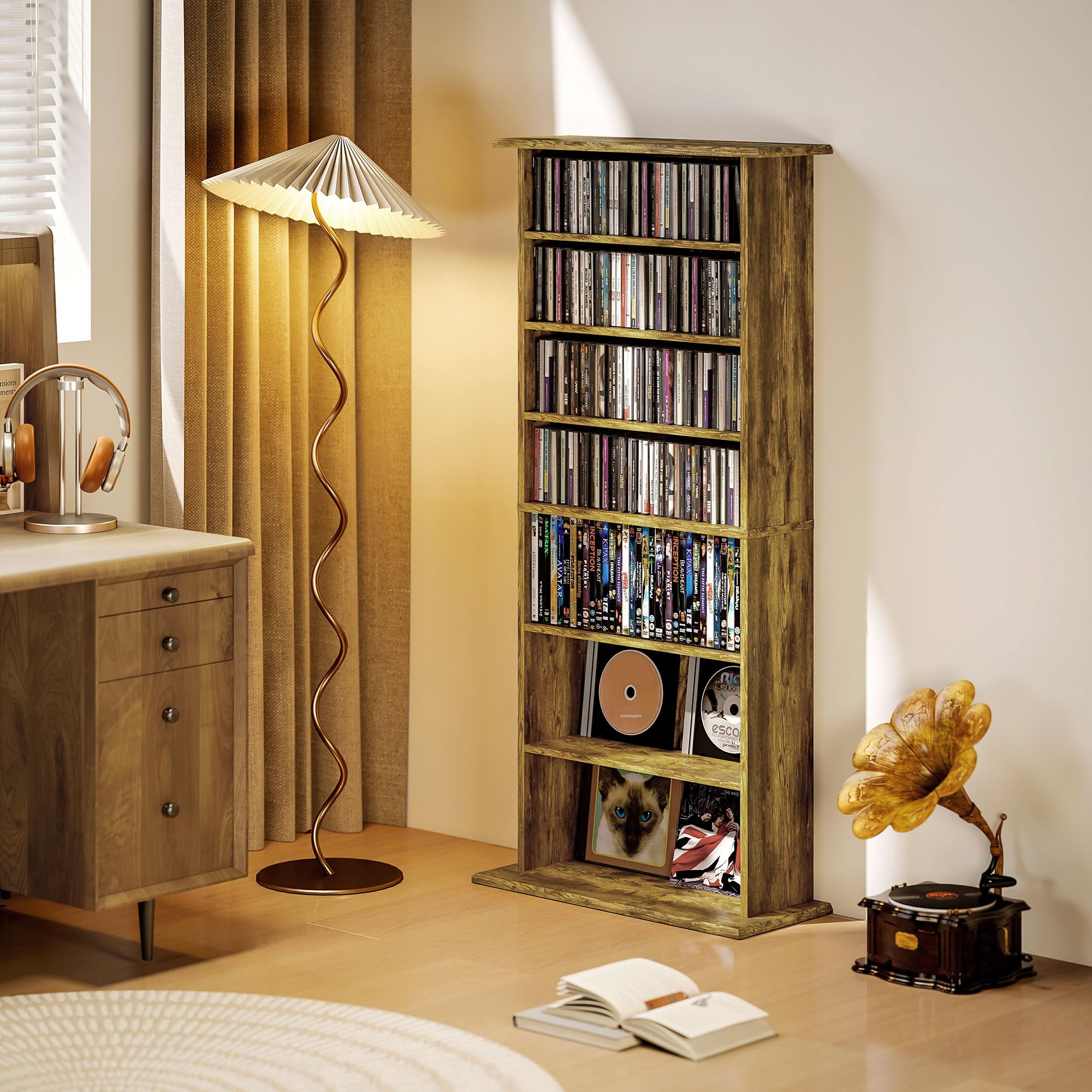 HOMCOM Armadietto per CD e DVD, capacità max. 360 CD/185 DVD e Blu-ray, 8 scomparti e 6 ripiani regolabili, per soggiorno, camera da letto, 58 x 24 x 126,3 cm, marrone