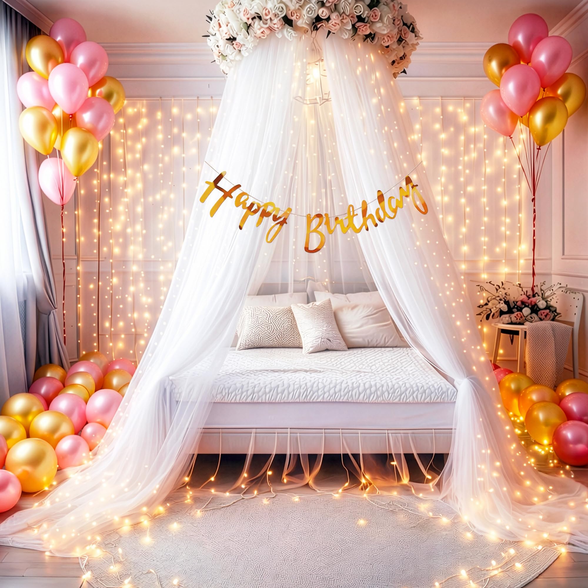 Party Propz Happy Birthday Decoration Kit - 26 Pcs, Canopy Tent For Decoration | Happy Birthday Decoration with Light, White Net Curtain, Glue Dot, Balloon Arch, Pink, Golden Balloons | Bday Decor