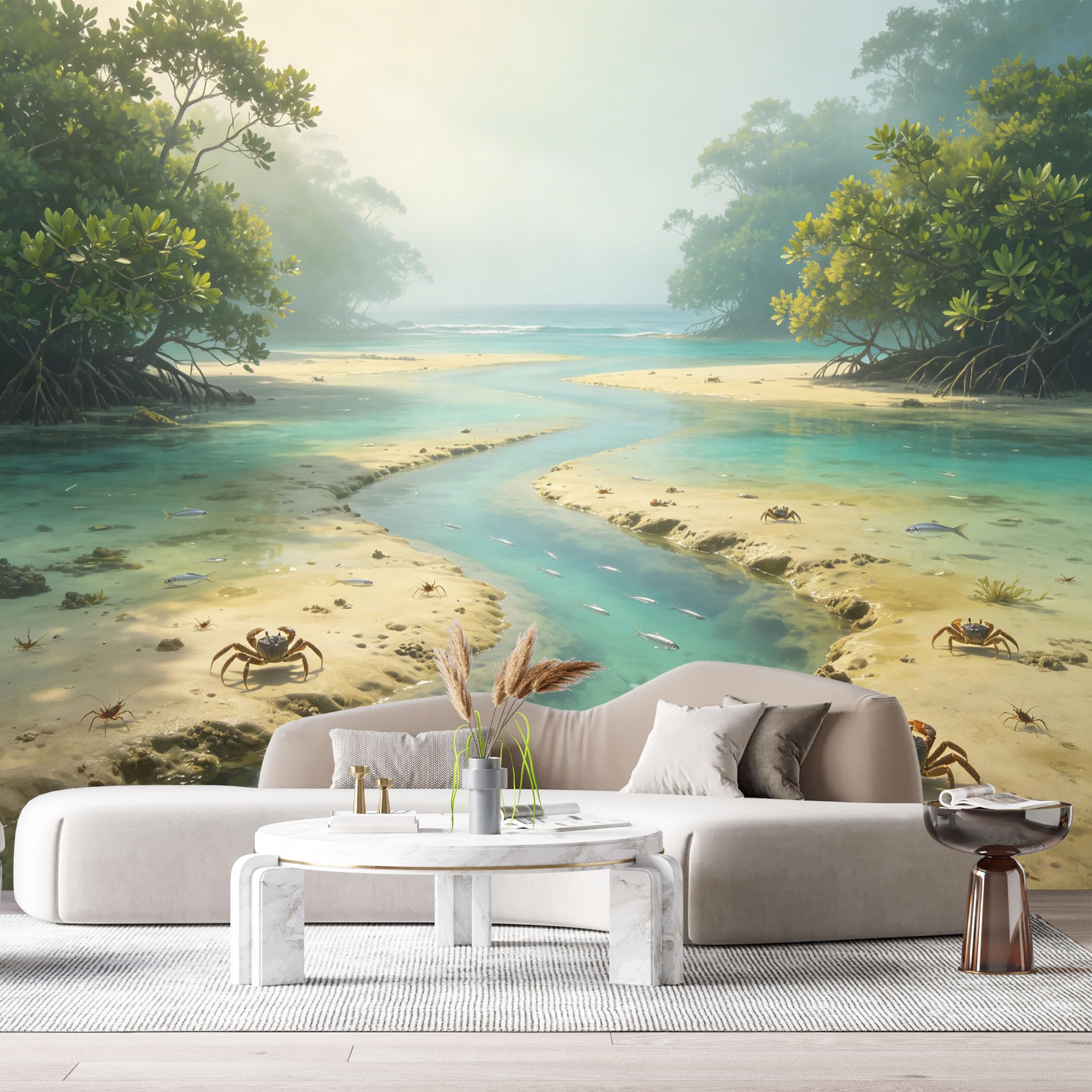 Custom Size Wall Murals Coastal Tropical Mangrove Forest Marine Ocean Life Crab School of Fish Watercolor SelfAdhesiveWall Fabric Removable Wallpaper Wall Decor for Living Room Bedroom