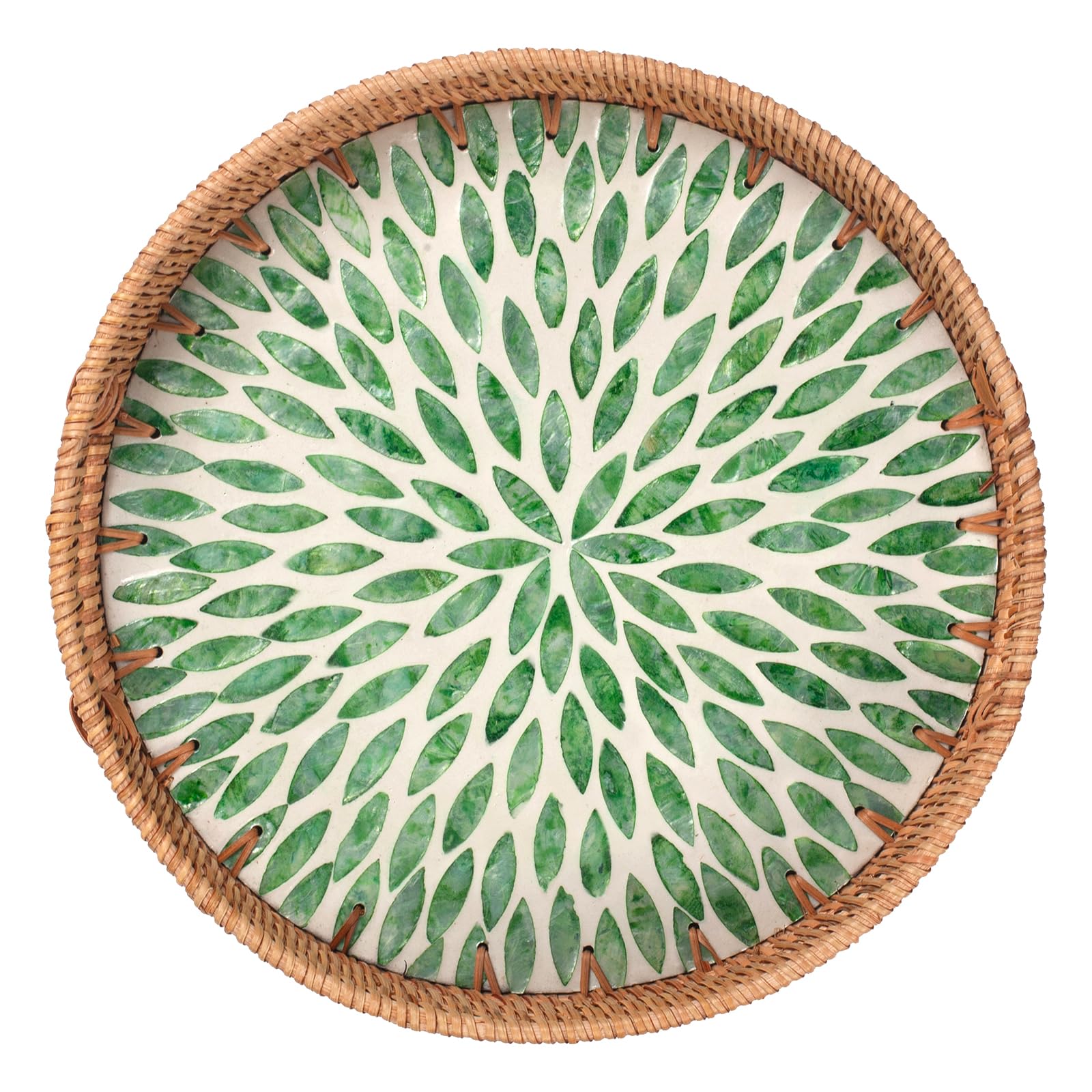 Photo 1 of ****MINOR DAMAGE****
YANGQIHOME Round Rattan Tray with Handle, Mother of Pearl Inlay Decorative Wicker Basket for Coffee, Bread, Fruits, Serving Tray for Home Decor, 11.8 inch