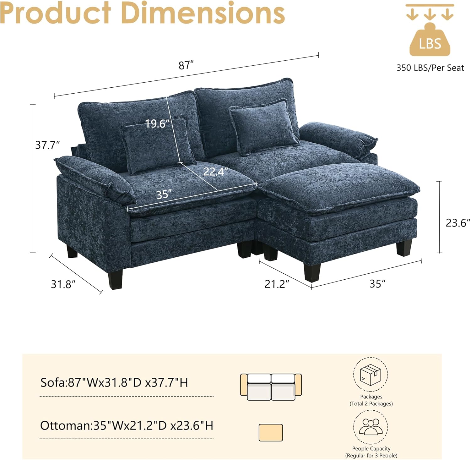 URRED Cloud Couch Modular Sectional Sofa, 87" Modern L Shaped Deep Seat Sofa with Ottoman & Pillows, Ultra Comfy Chenille Couches for Living Room, Bedroom or Apartment, Blue