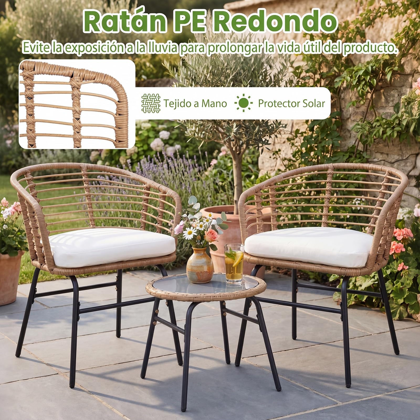 COSTWAY Conjunto Jardín Exterior, Conjunto de Mesa y Sillas Exterior de Ratán PE con Cojines Suaves, Estructura de Metal y Tablero de Vidrio Templado, Muebles de Jardín para Patio, Terraza