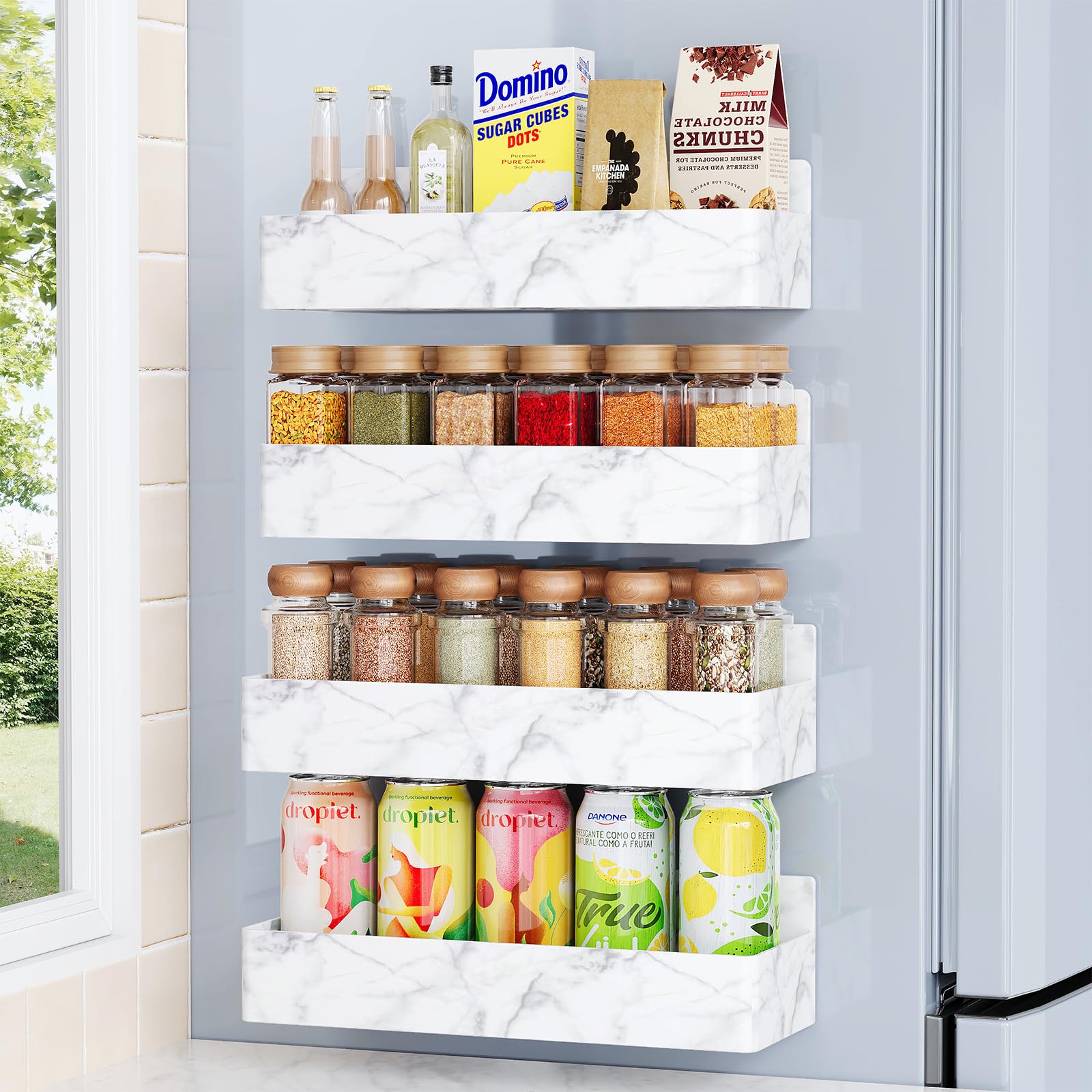 Magnetic Spice Rack for Refrigerator, Kitchen Organizer and Storage Shelf, Marble(4 Pack)…