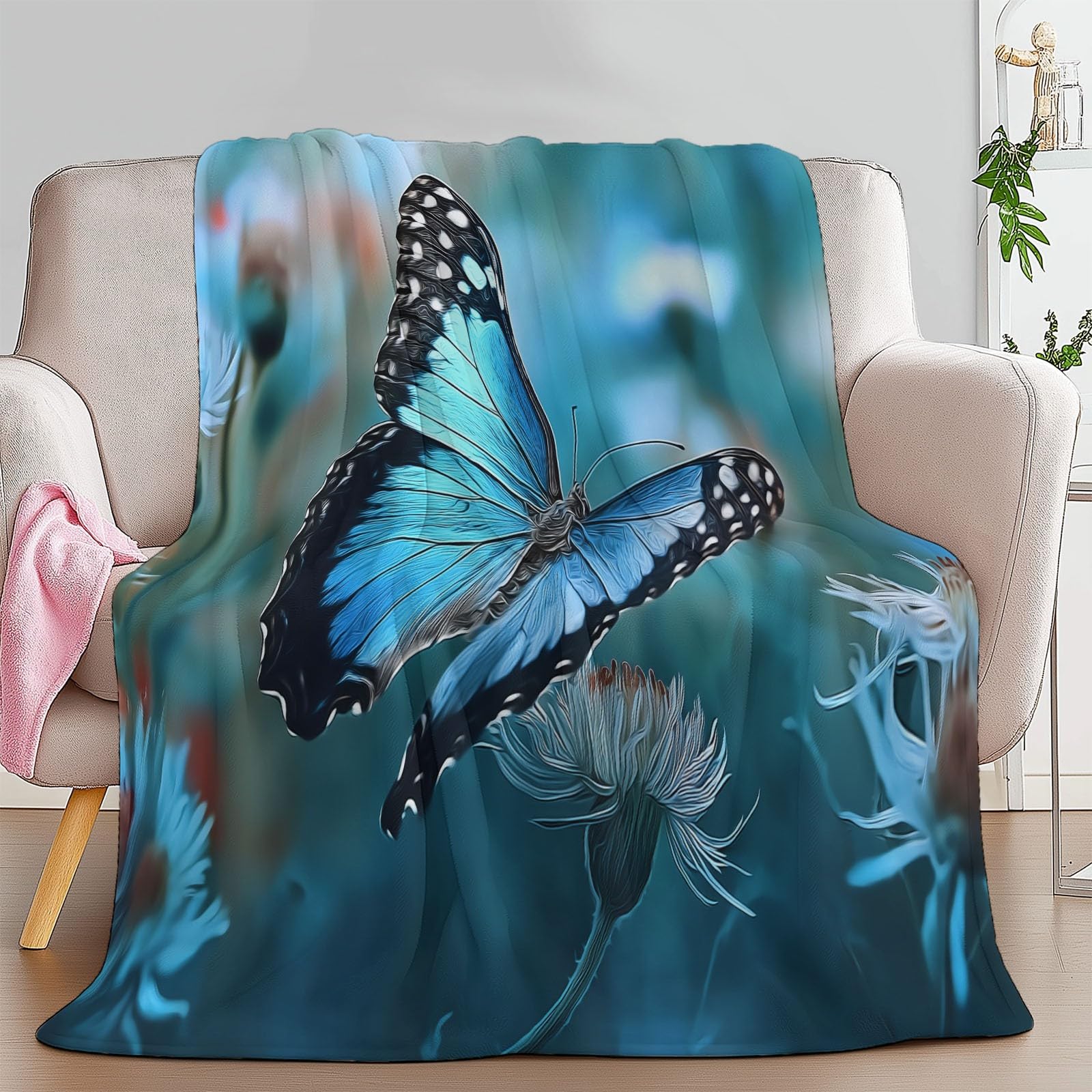 Miękki, niebiesko-zielony koc sherpa 221 x 239 cm dla dzieci dorosłych, fantazyjne niebieskie motyle, kwiaty, nadruk flanelowy, hipoalergiczny, ciepły koc na łóżko, sofę, krzesło, do salonu, 220 x 240