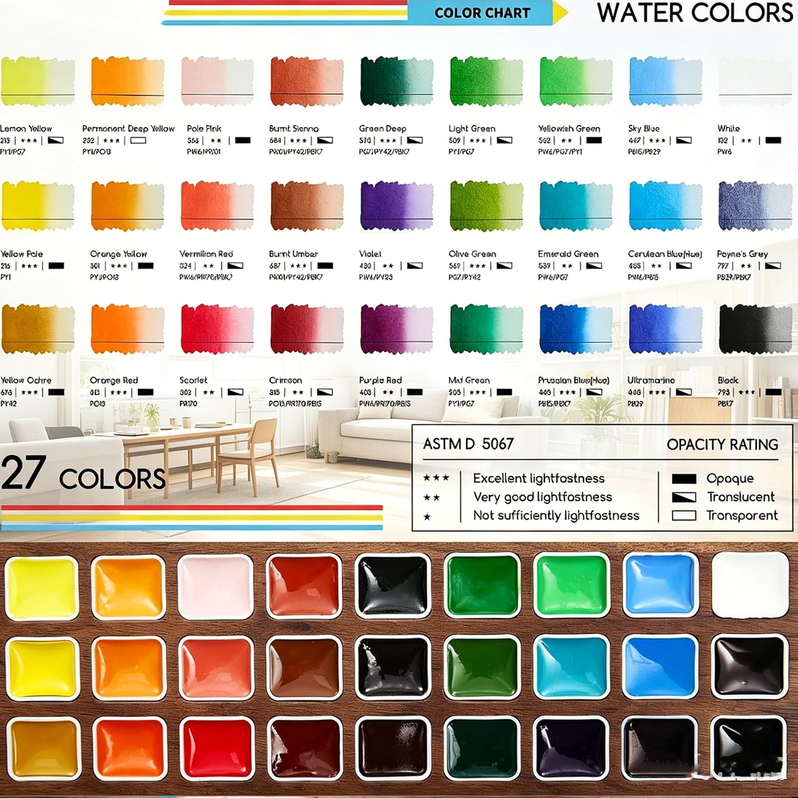 Boîte en bois de noix vide multifonctionnelle - Palette aquarelle portable à 27 cases avec fentes pour pinceaux et gobelet de nettoyage - pour peinture aquarelle, gouache, acrylique