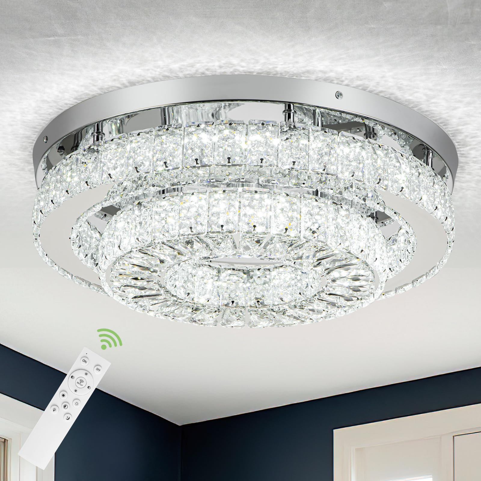 HOPGGIE 18 Inch Crystal Chandelier with Remote Control 2 Tier Flush Mount Ceiling Light Fixture LED Chandelier Light for Living Room Bedroom Dining