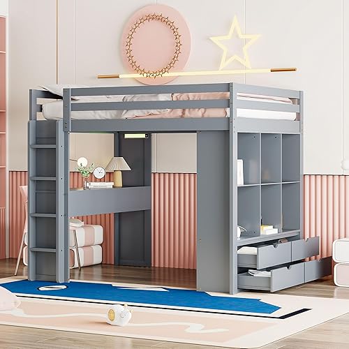 SOFTSEA Full Size Loft Bed with Desk, LED Light, Storage Drawers and Shelves, Solid Wood Loft Bed with Ladder, Multi-Functional Loft Bed for Kids Teens Juniors, Grey