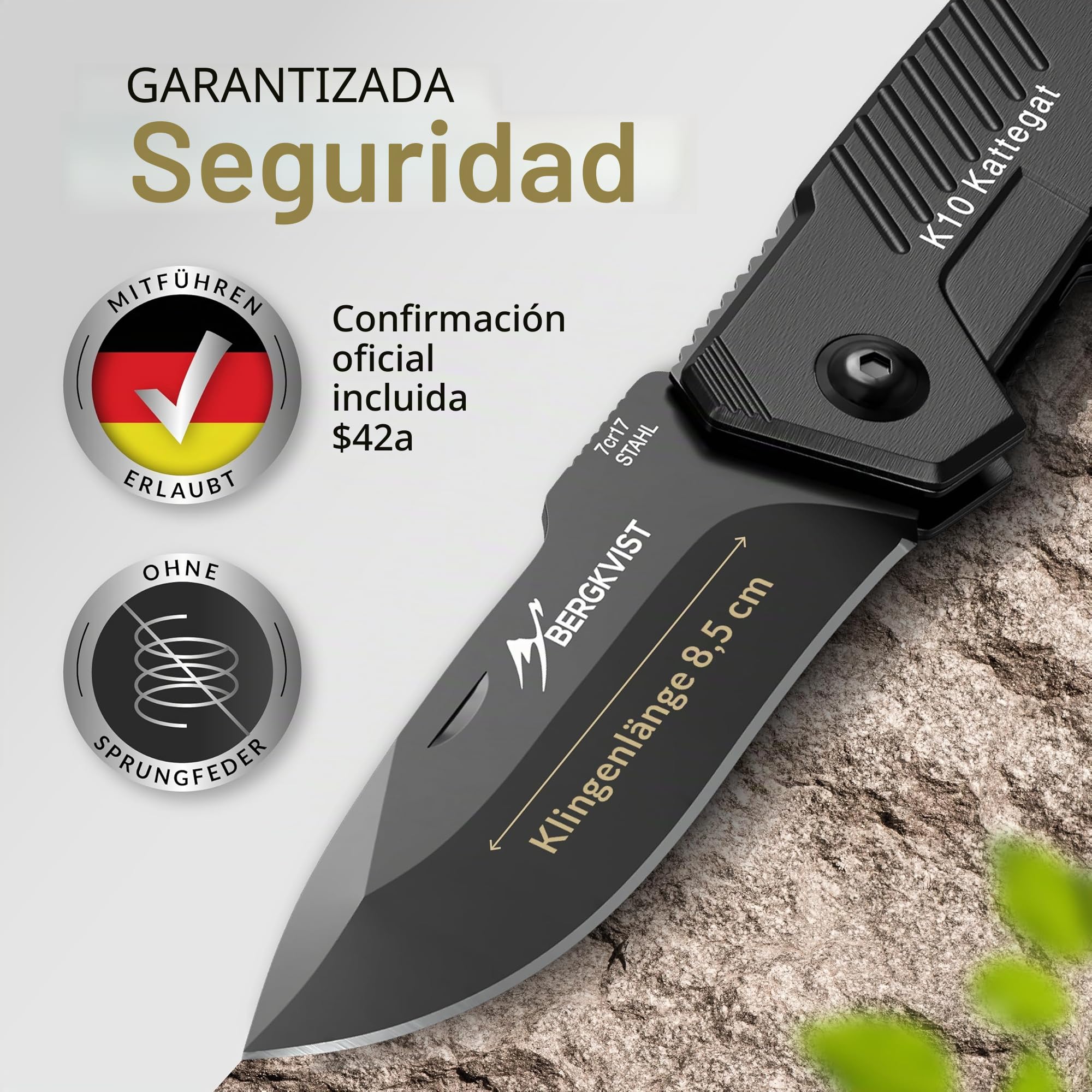 BERGKVIST® K10 Cuchillo plegable [navaja de dos manos], negro | Navaja afilada para exteriores, supervivencia o caza, con acero al fuego y funda de cinturón, todo metal