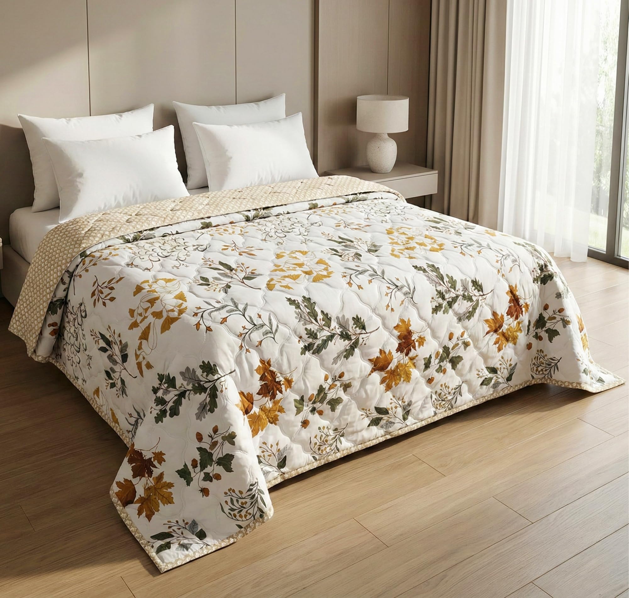 BSB HOME Ultrasonic Quilted AC Comforter 220 GSM|Premium Microfiber Reversible All Season Blanket for Double Bed | Ultra Soft Lightweight Quilt Duvet | 225 x 220 cm (Yellow & Beige)-image-8