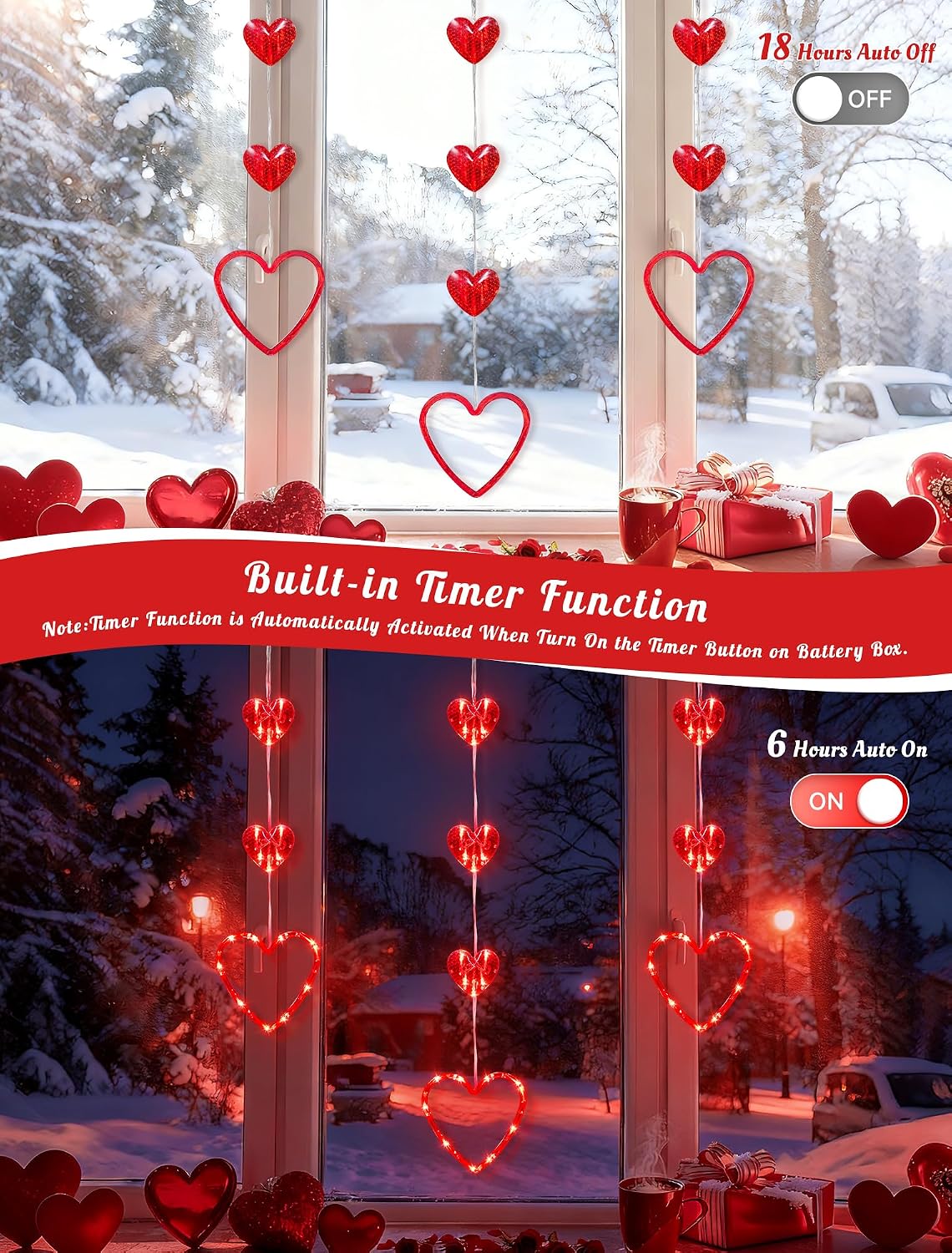 Valentines Day Window Lights, 65 LED 10 Red Heart Lights USB/Battery Operated, Timer Memory with 8 Modes Hanging Valentines Decorations Light for Valentine's Day Anniversary Wedding Decor