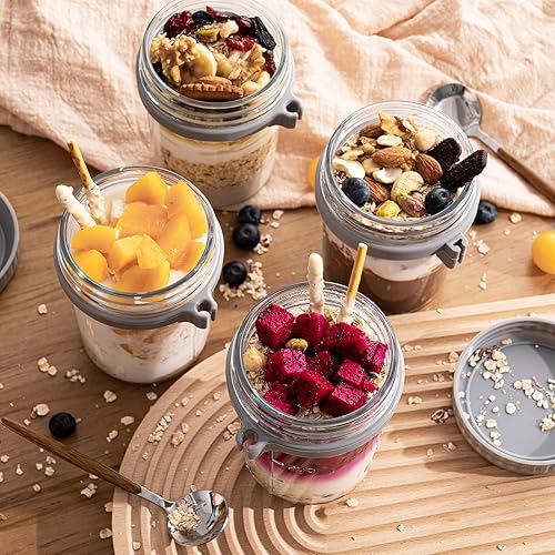 Miniatura 2 de Paquete de 4 recipientes de avena con tapas herméticas y cucharas, tarros de vidrio de 16 onzas con marcas de medición, tarros de avena para