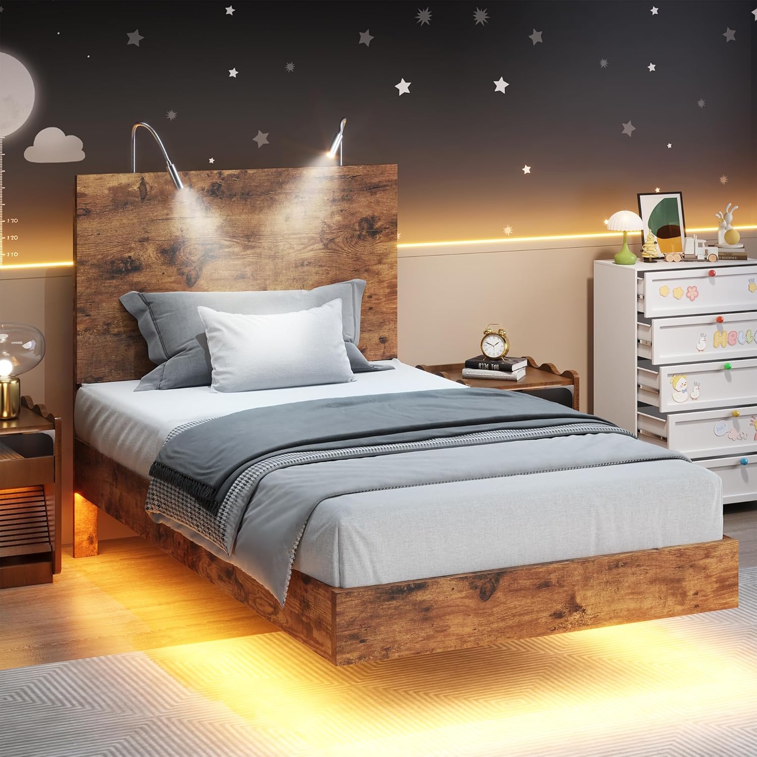 (Incomplete) Floating Twin Bed Frame with Led Lights, Wooden Platform Bed Frame with Reading Light Headboard, Heavy Duty Metal Slats, No Box Spring Needed, Easy Assembly, Vintage Brown Twin Vintage Brown