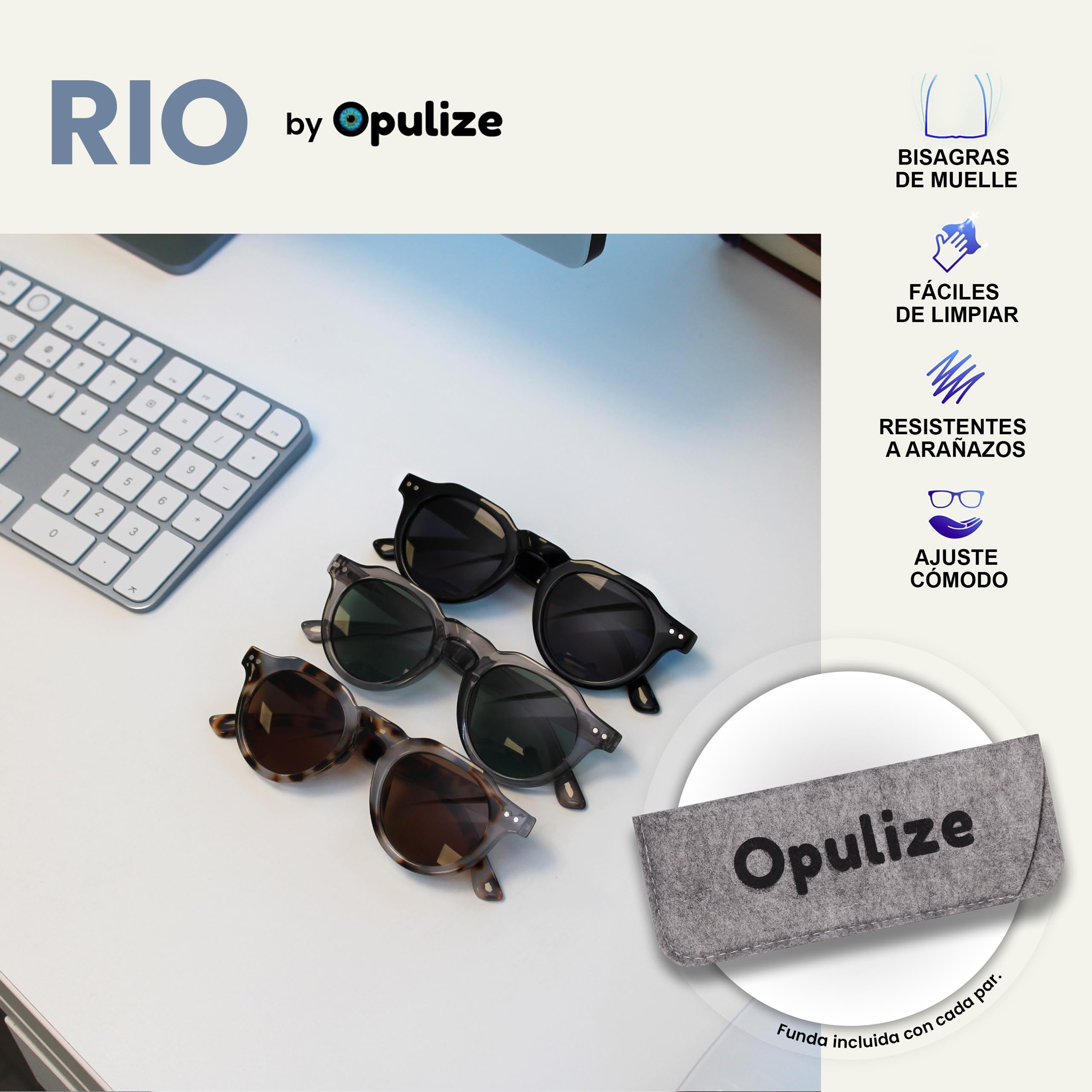 OPULIZE RIO Gafas de Lectura Para el Sol - Pack de 3 - Montura Plana - Protección UV400 - Negro, Marrón Carey, Gris - Hombre Mujer - SSS53-127- +2.50