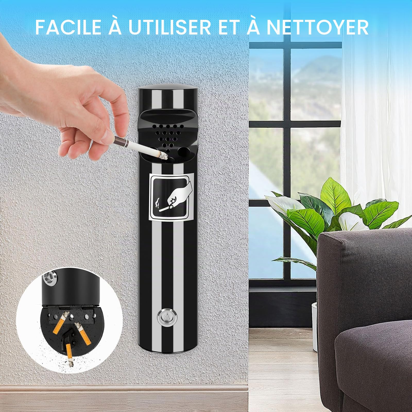 28,5 x 6,5 cm - Cendrier mural pour extérieur - En acier inoxydable - Avec matériel de montage - Clé - Résistant aux intempéries - Pour jardin, terrasse, bureau, hôtel, rue - Noir
