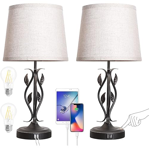 Lamps for bedrooms Set of 2, Touch Control Table Lamp Tall Bedside Lamp with USB Port 3 Way Dimmable Nightstand Lamp with Cream Fabric Shade Vines Touch Lamp for Living Room, Guest Room, Home Office