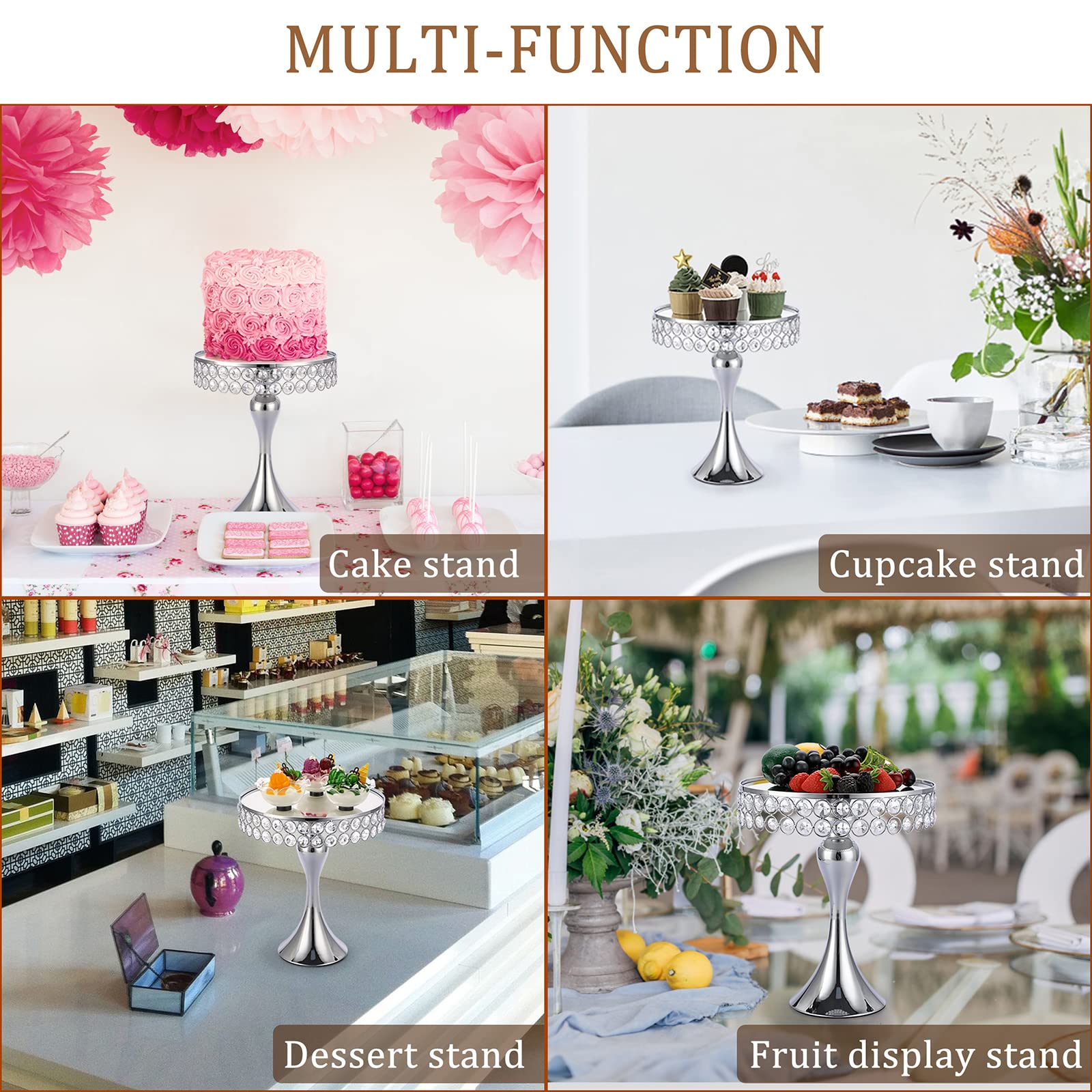 BSTKEY 10 Inch Silver Wedding Cake Display Stand, Round Cupcake Stand with Crystal Beads Decor, Metal Dessert Stand for Parties Birthday Afternoon Tea Supplies Centerpiece